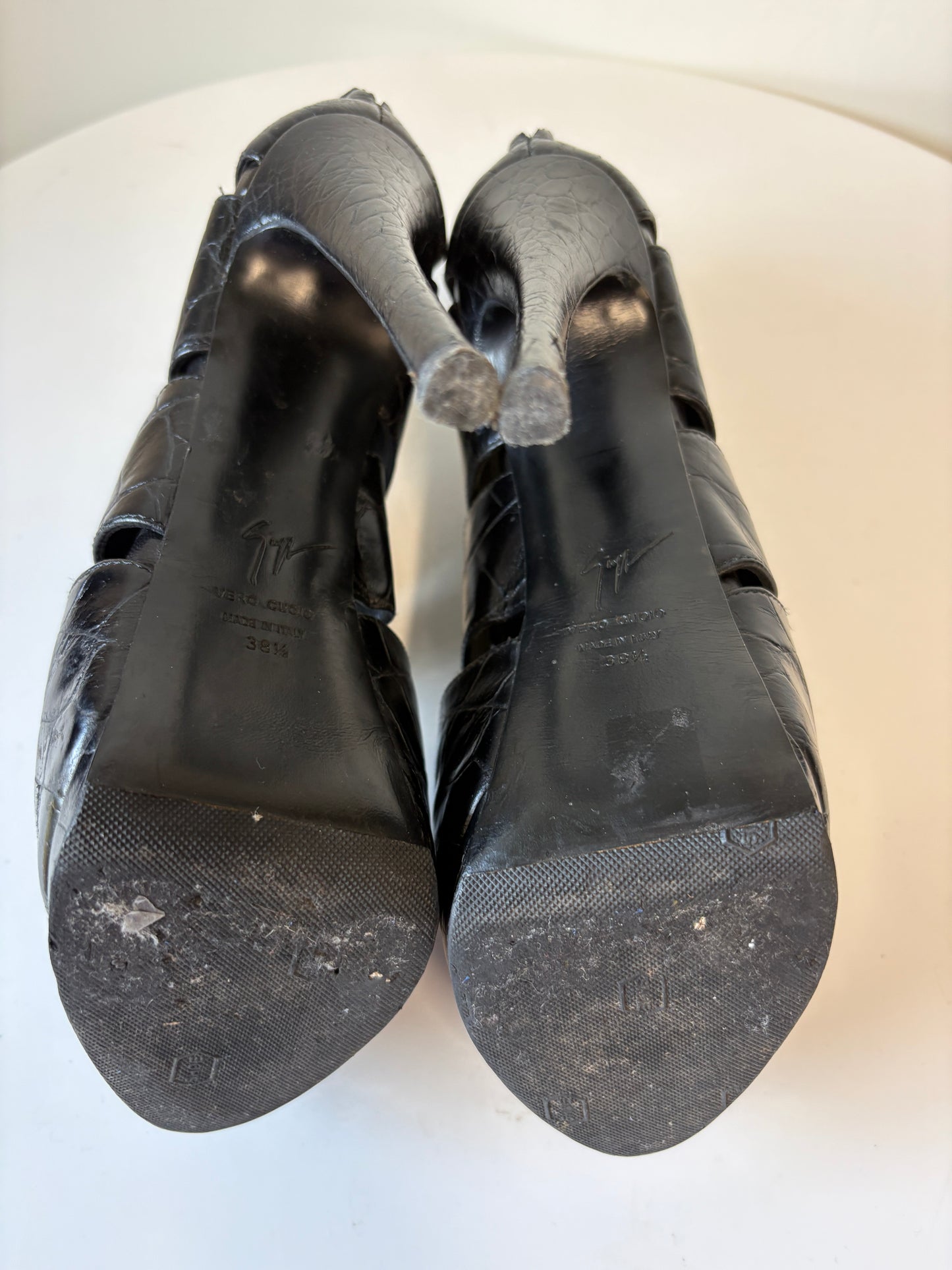Guiseppe Zanotti Black Leather Croc Cut Out Heel Boots