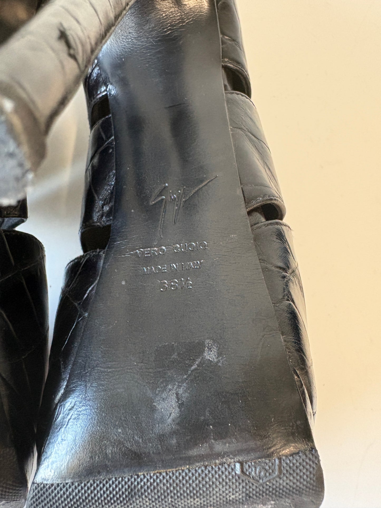 Guiseppe Zanotti Black Leather Croc Cut Out Heel Boots