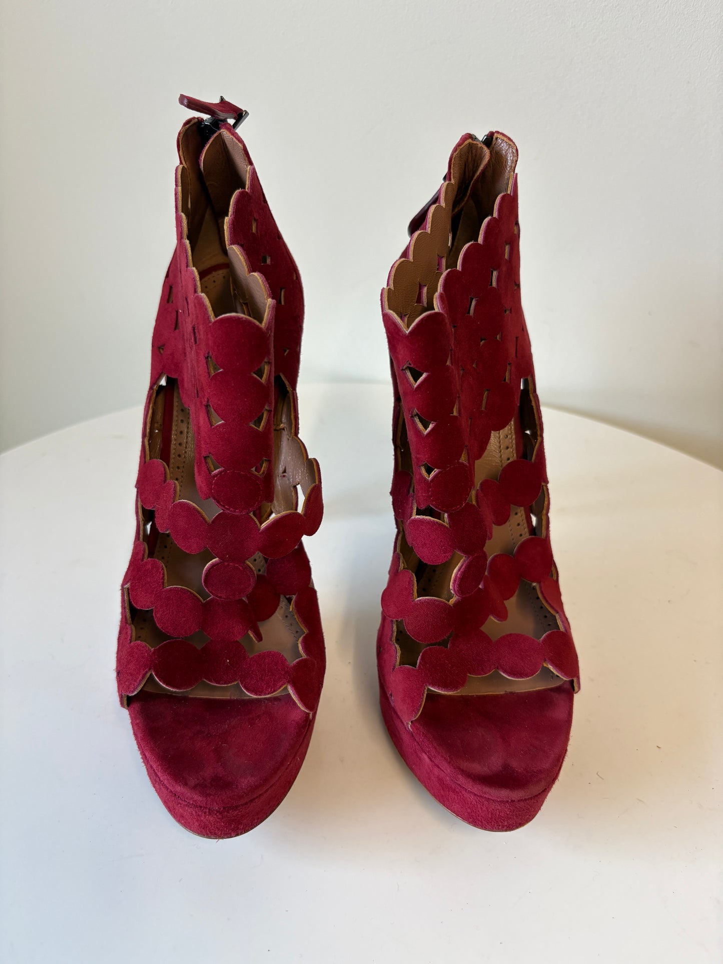 Alaia Red Suede Laser Cut Platform Heels