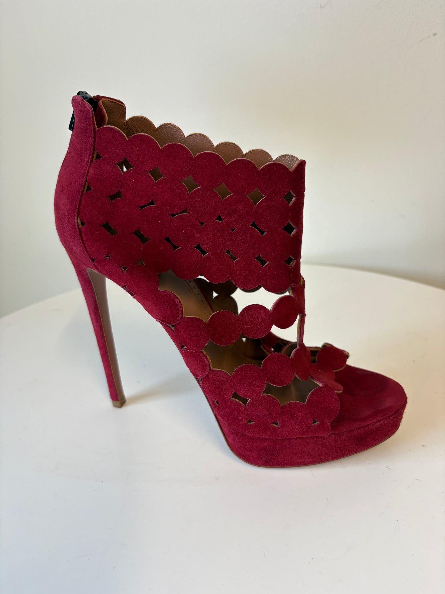 Alaia Red Suede Laser Cut Platform Heels