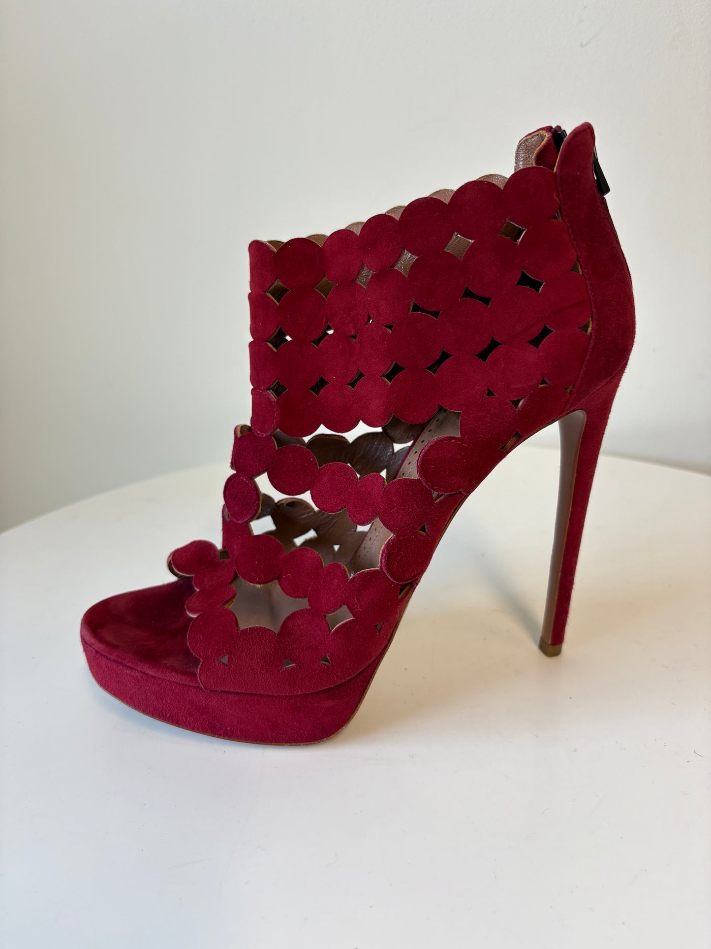 Alaia Red Suede Laser Cut Platform Heels