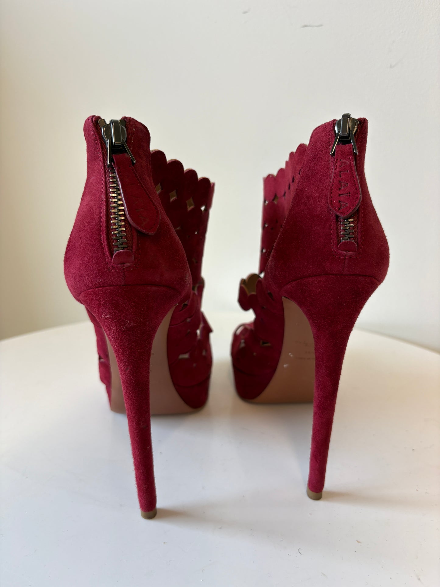Alaia Red Suede Laser Cut Platform Heels
