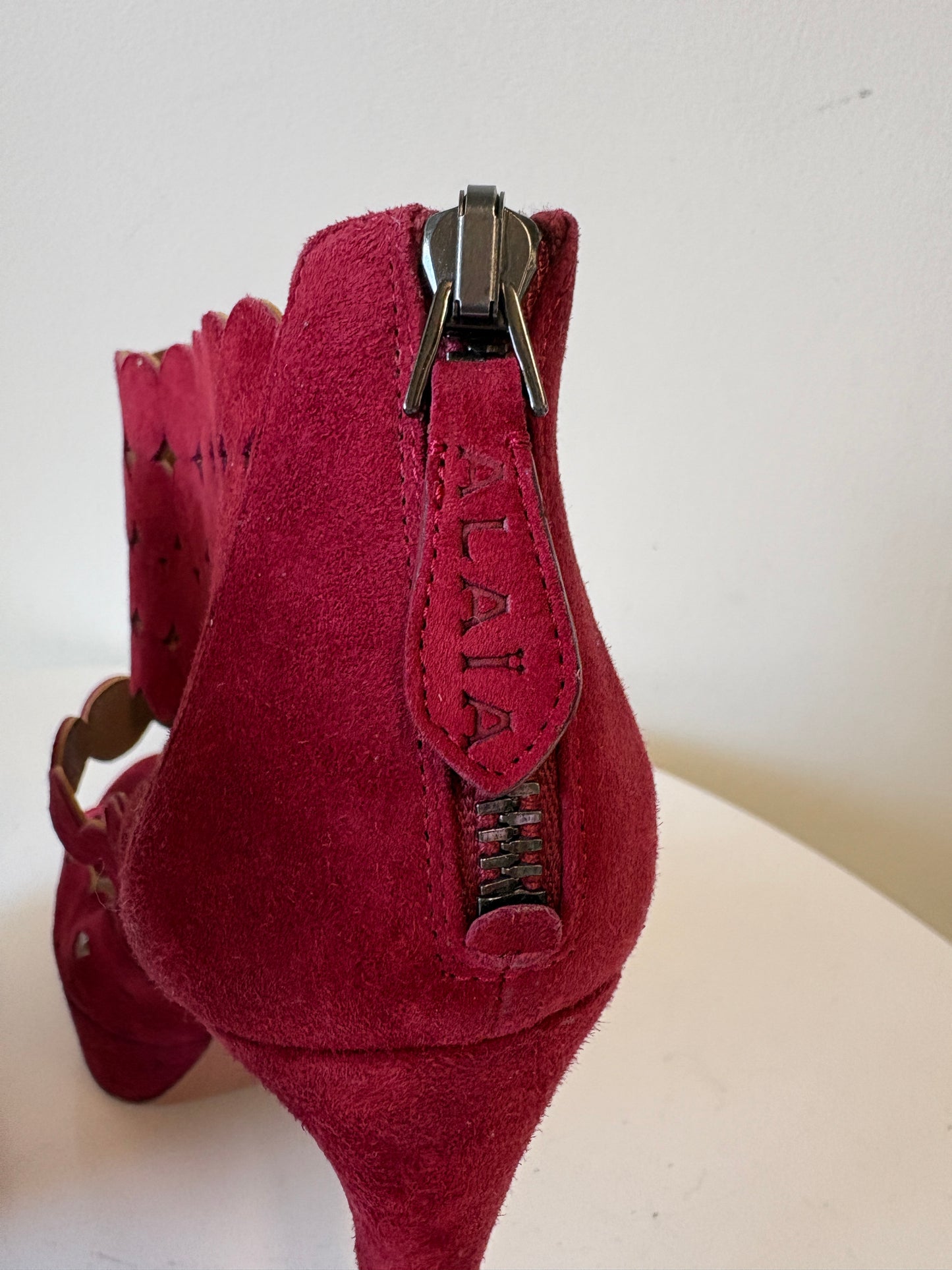Alaia Red Suede Laser Cut Platform Heels