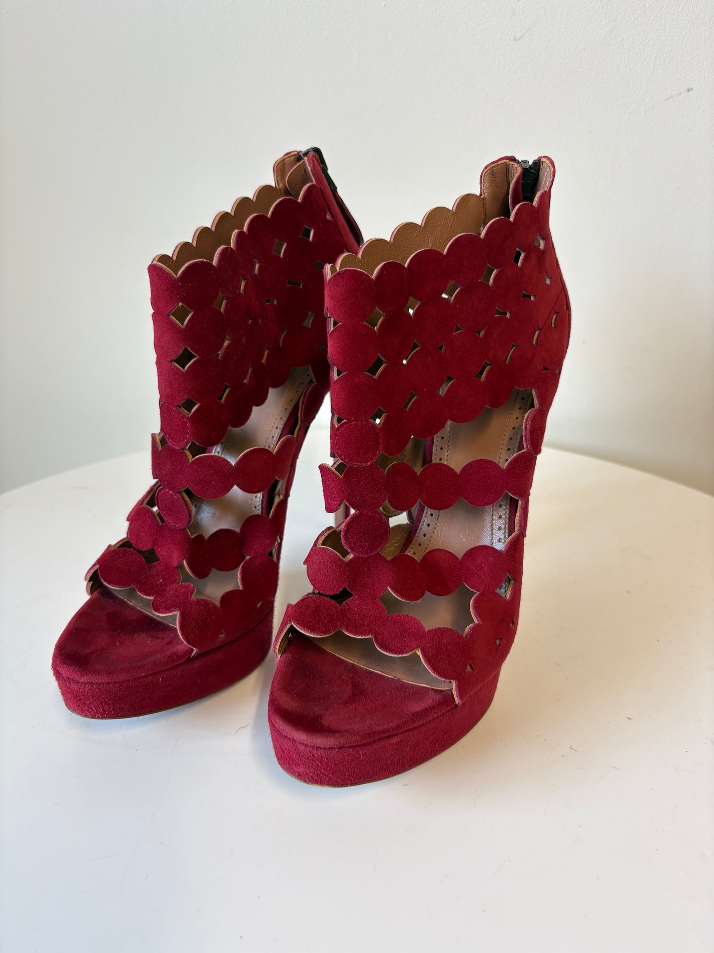 Alaia Red Suede Laser Cut Platform Heels