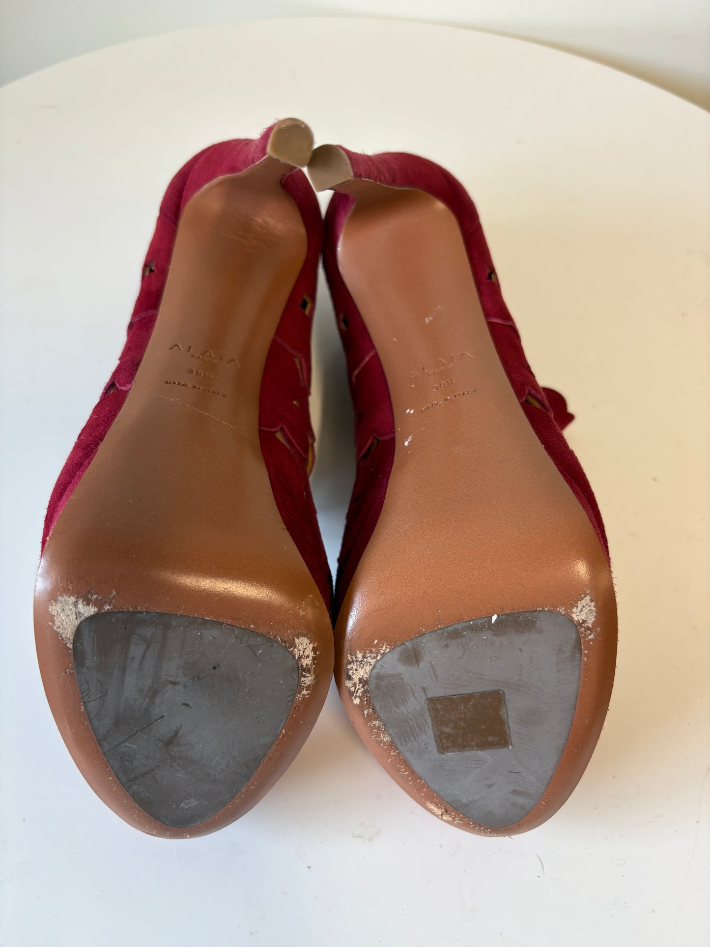 Alaia Red Suede Laser Cut Platform Heels