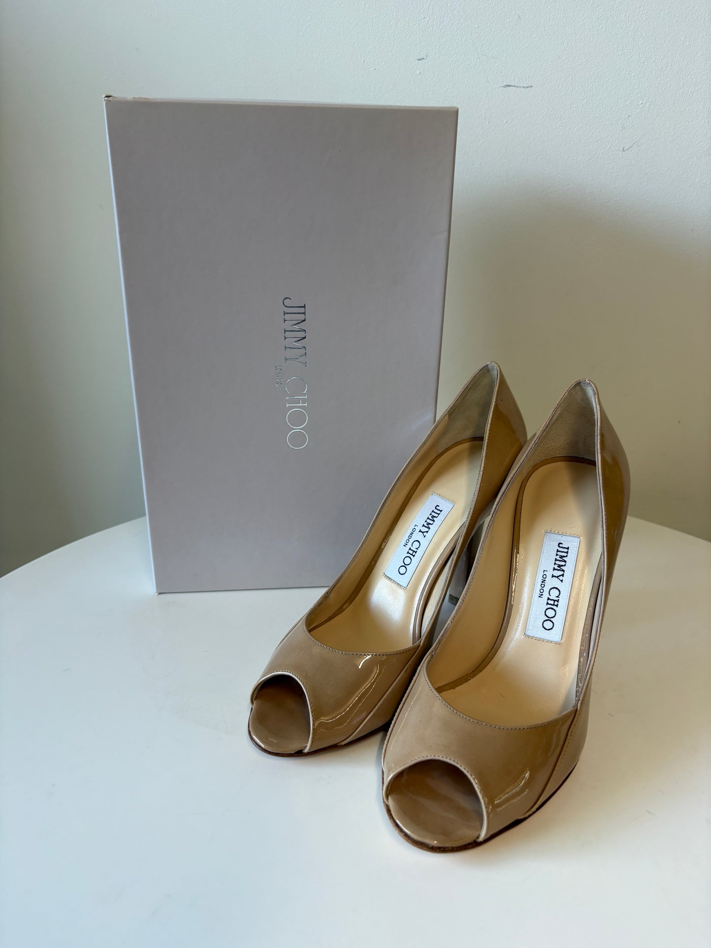Jimmy Choo Nude Patent Leather Peep Toe Heels