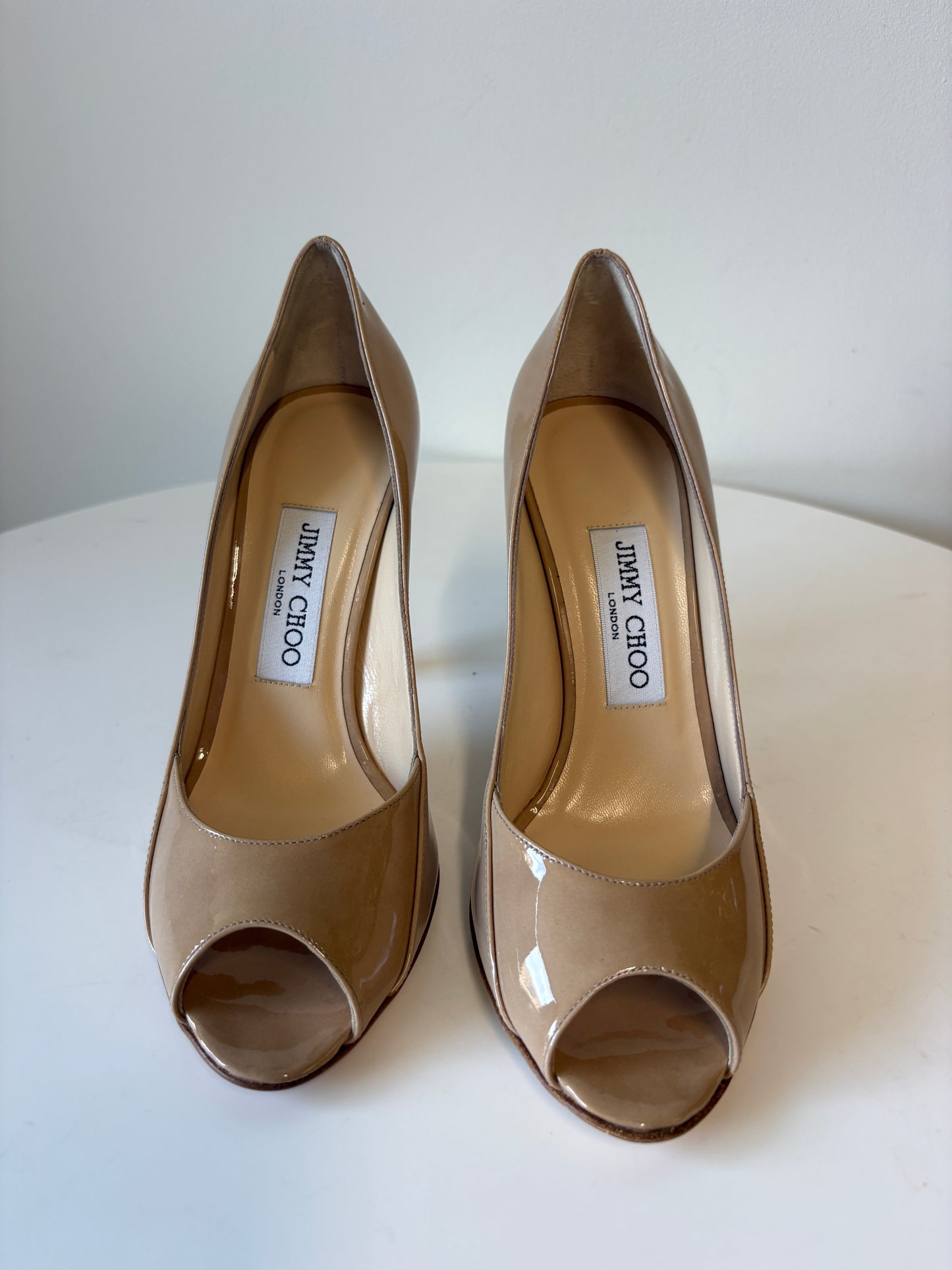 Jimmy Choo Nude Patent Leather Peep Toe Heels