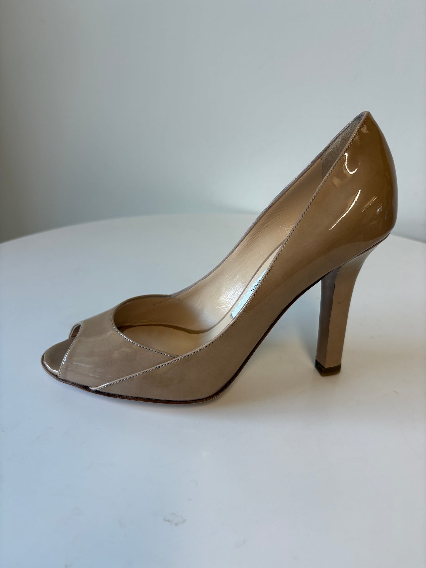 Jimmy Choo Nude Patent Leather Peep Toe Heels