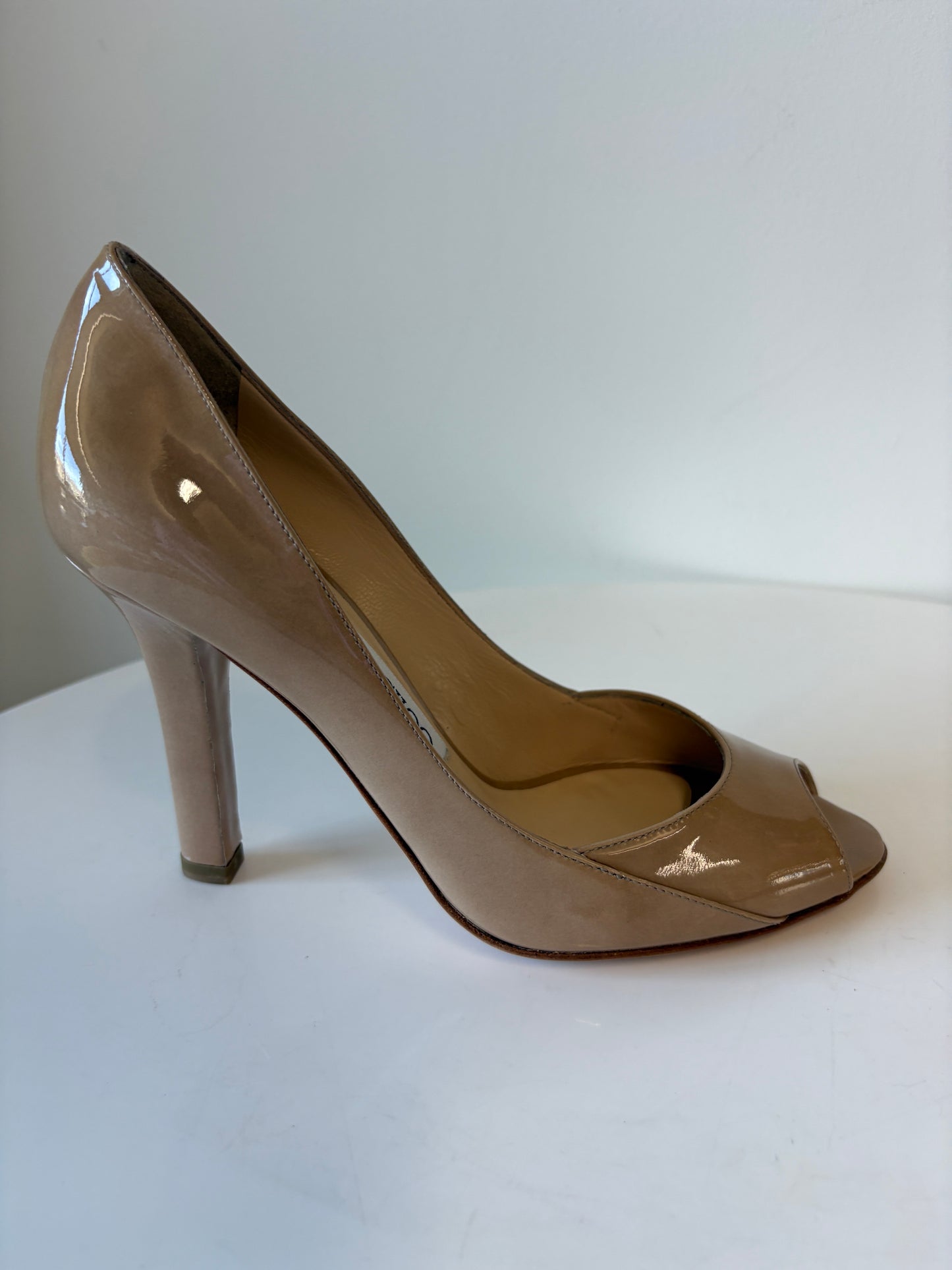 Jimmy Choo Nude Patent Leather Peep Toe Heels
