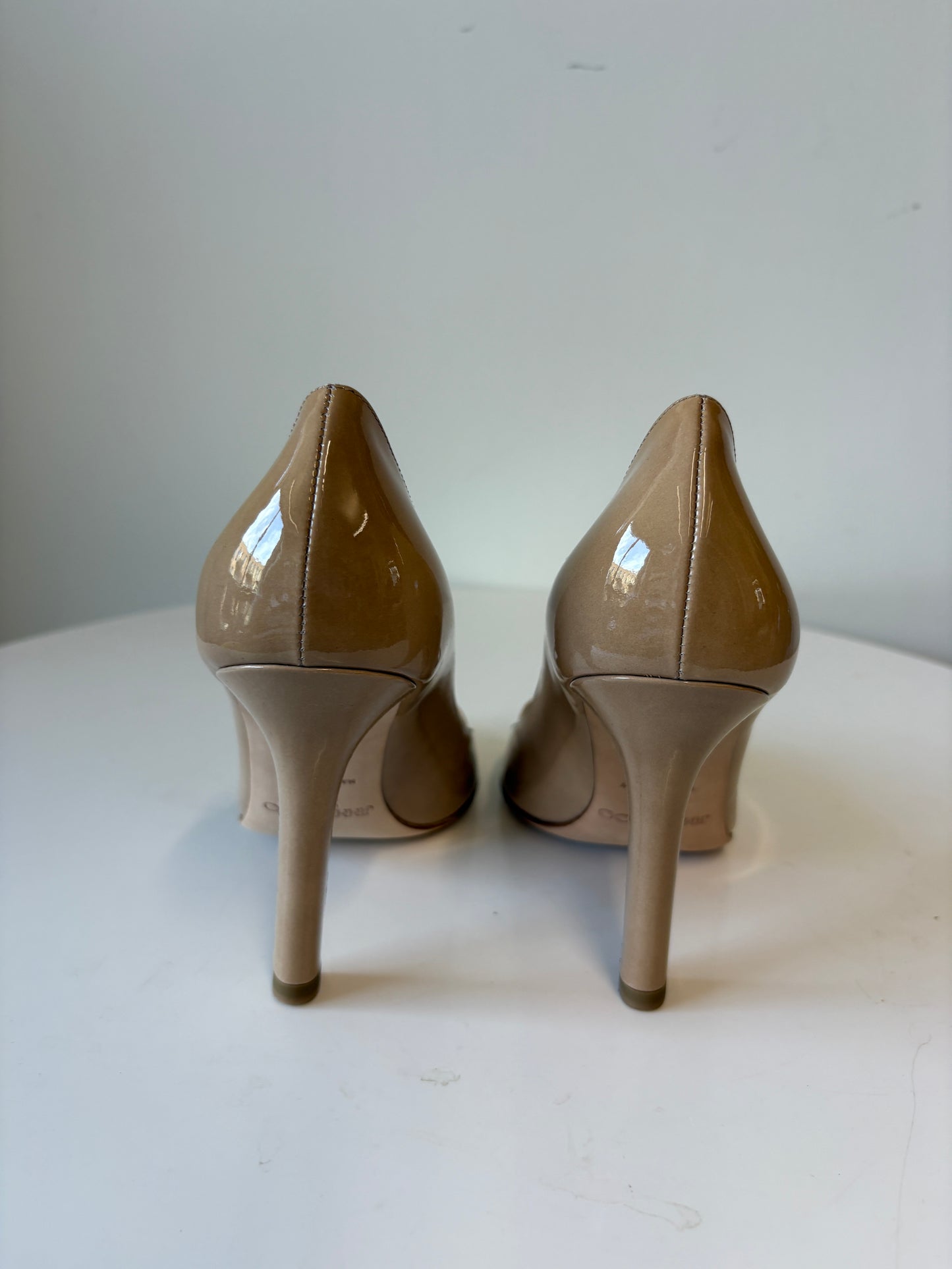 Jimmy Choo Nude Patent Leather Peep Toe Heels