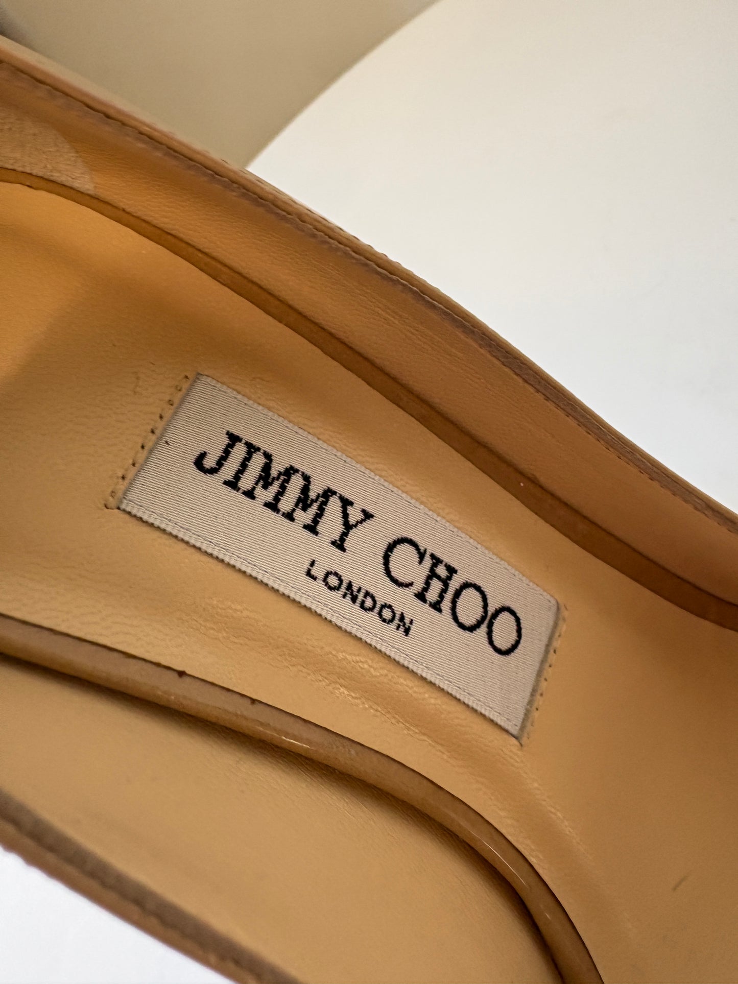 Jimmy Choo Nude Patent Leather Peep Toe Heels