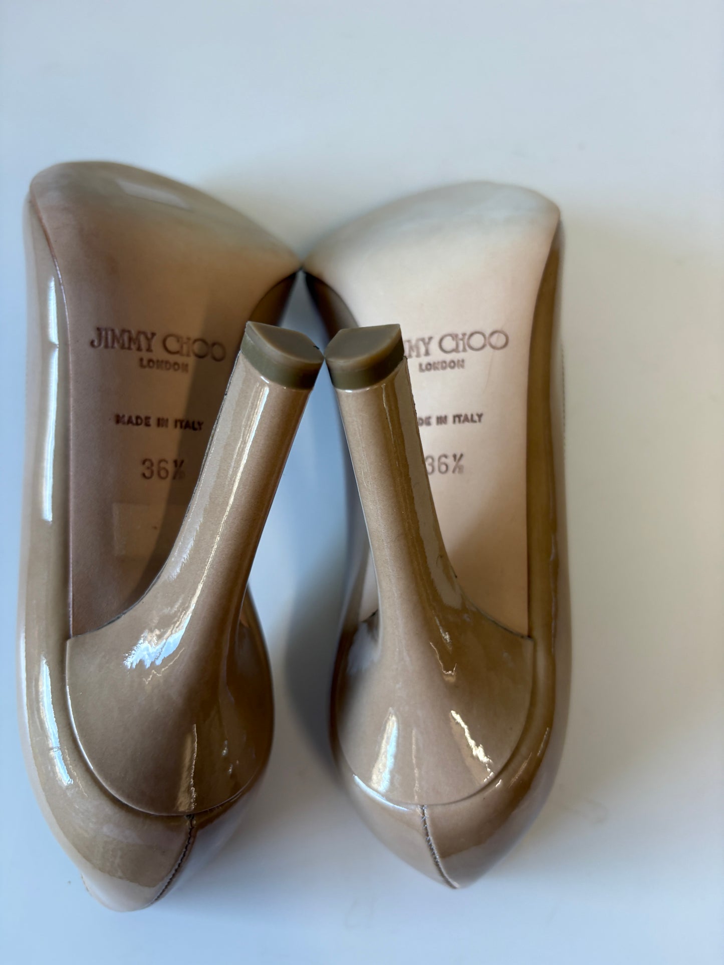 Jimmy Choo Nude Patent Leather Peep Toe Heels