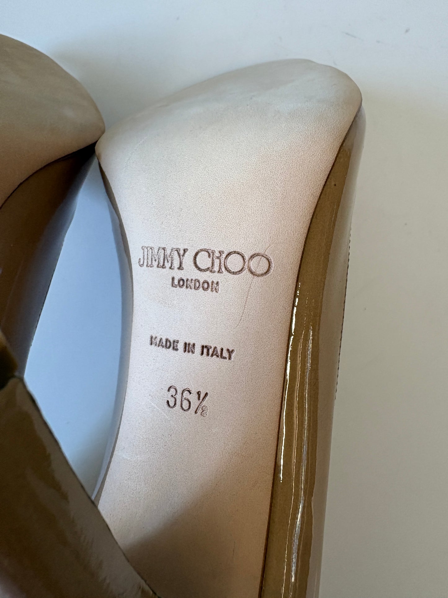 Jimmy Choo Nude Patent Leather Peep Toe Heels