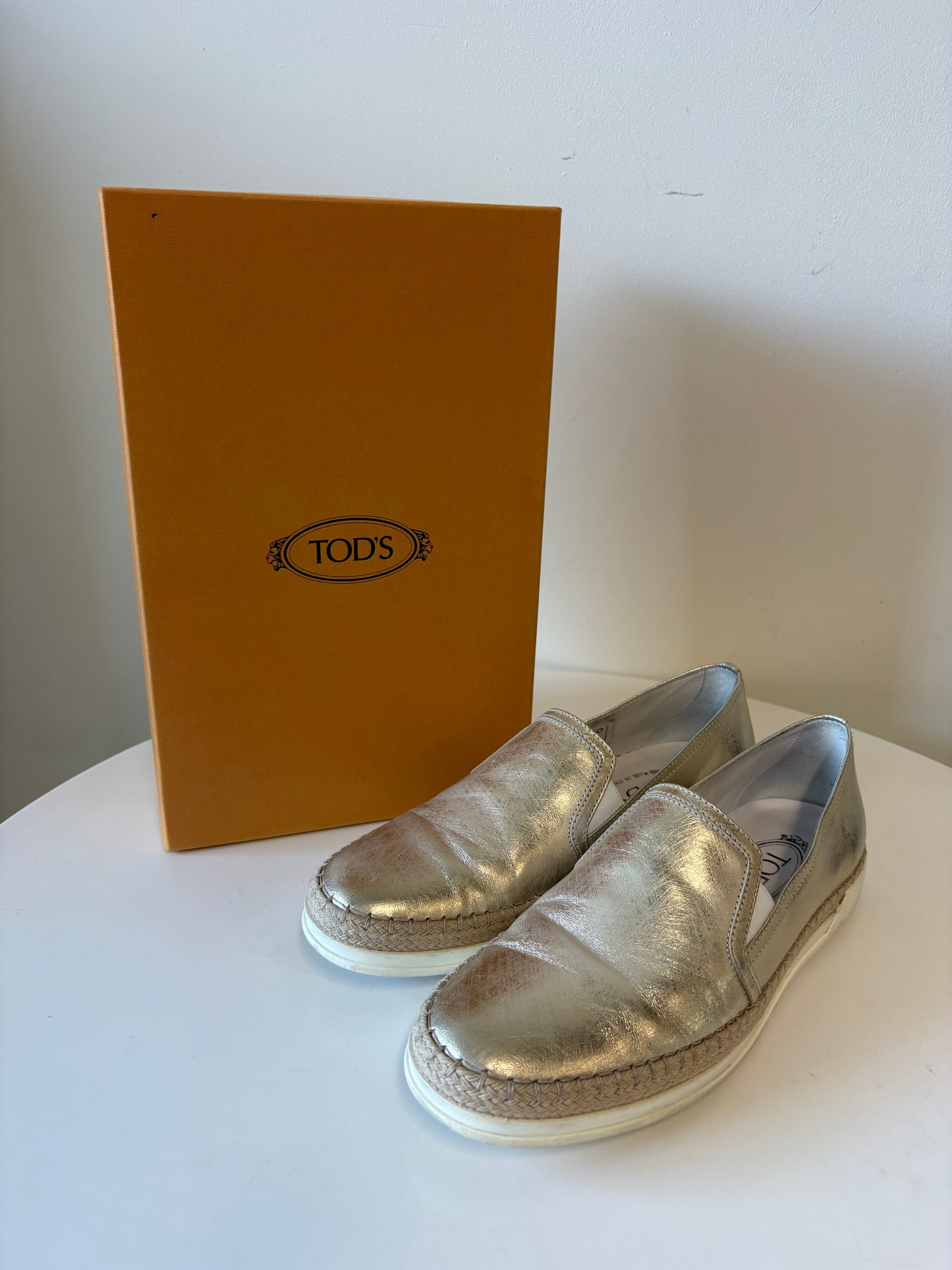 Tods Gomma Raffia Gold Leather Sneakers