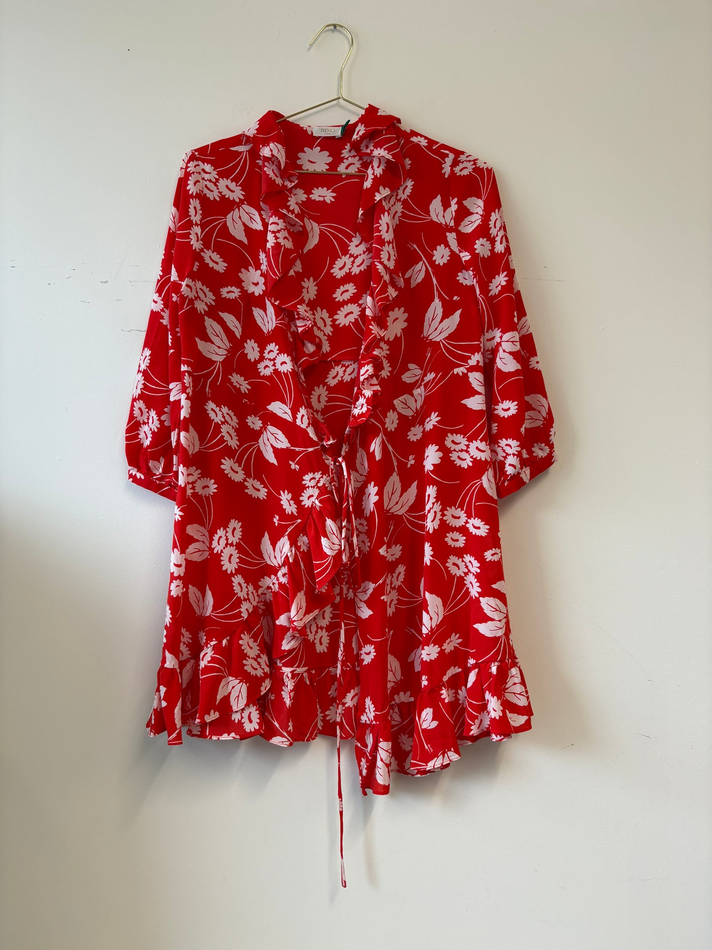 Rixo Red & White Floral Silk Mini Wrap Dress