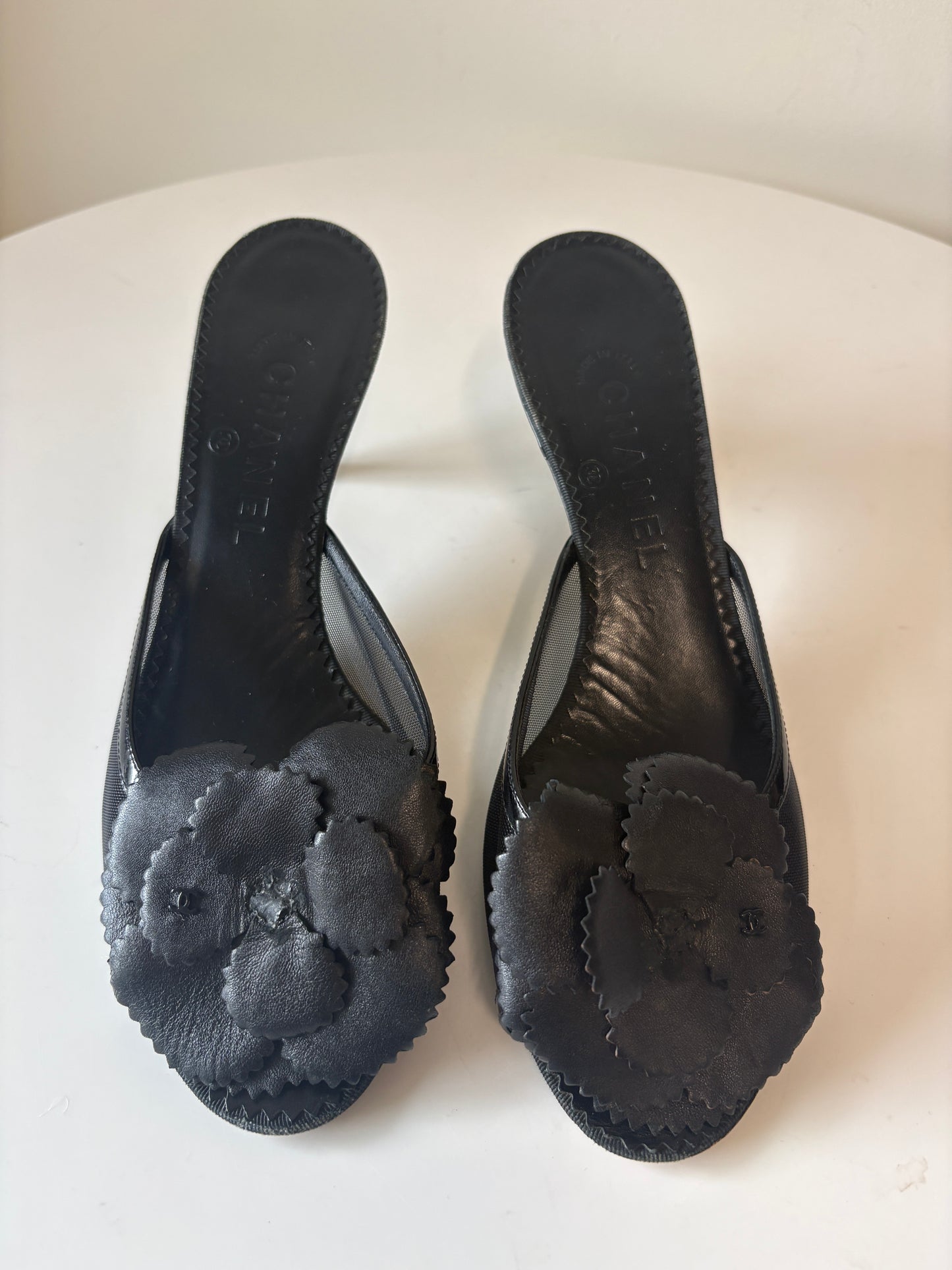 Chanel Camellia Mesh Black Mules