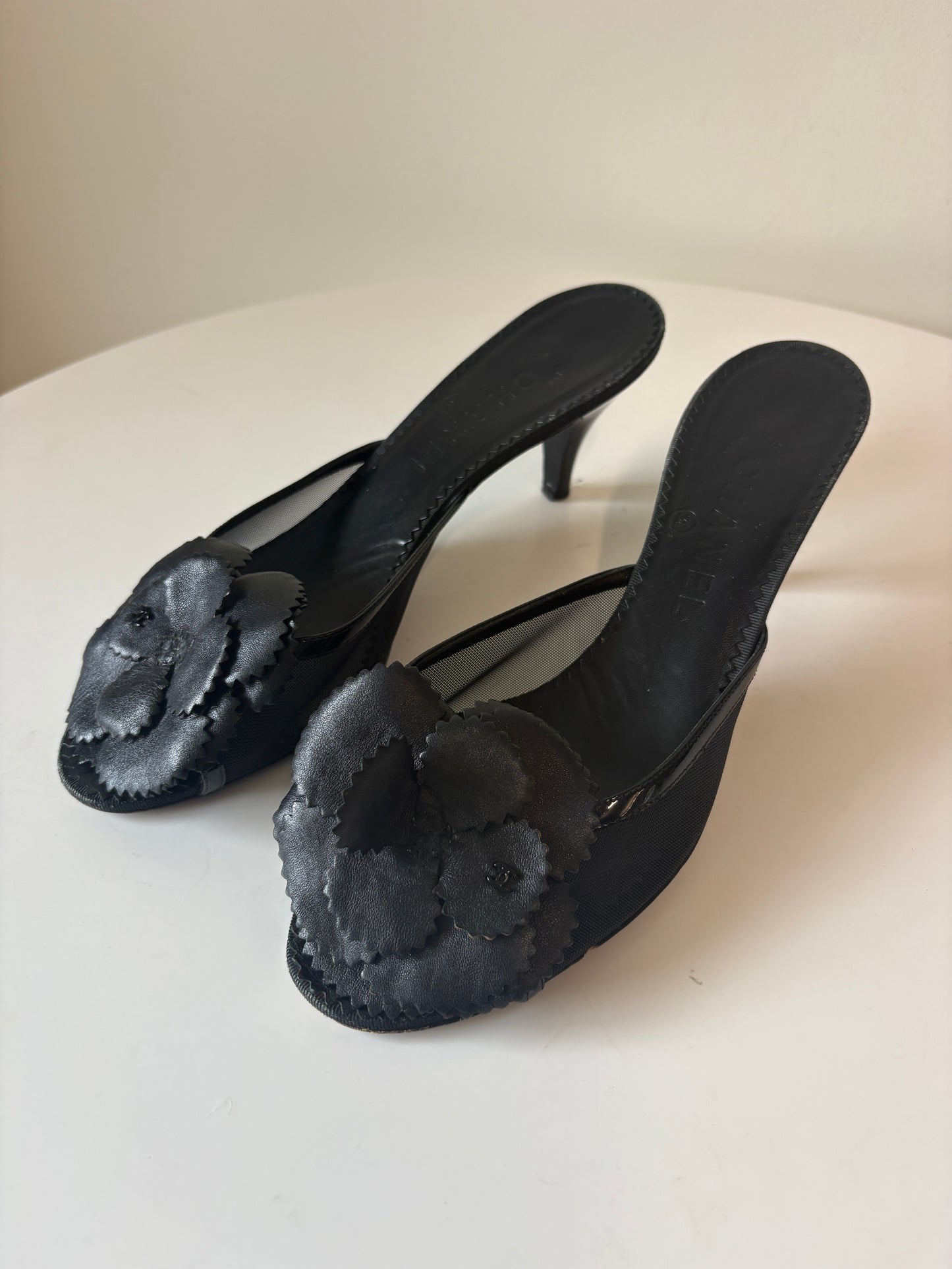 Chanel Camellia Mesh Black Mules