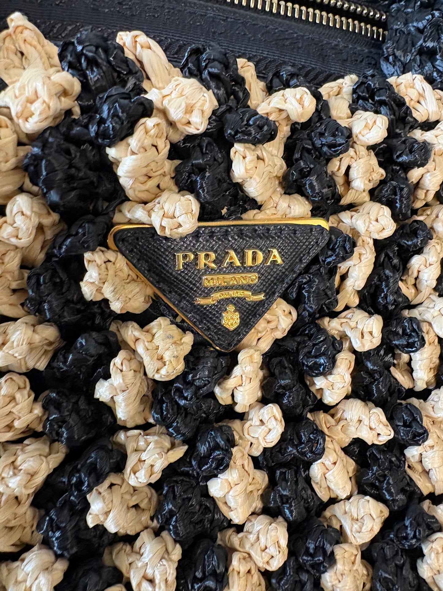 Prada Black And Beige Canapa Raffia Bag