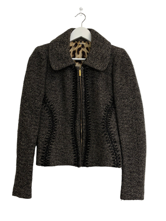 Roberto Cavalli Grey Wool Zip Up Jacket With Leopard Lining (pre-owned)