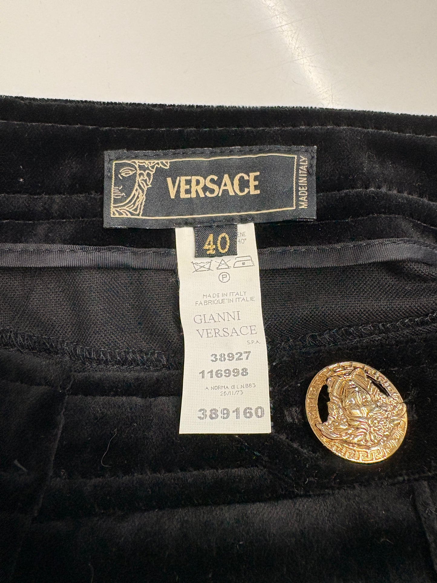 Versace Black Velvet Flare Trousers With Gold Buttons (pre-owned)