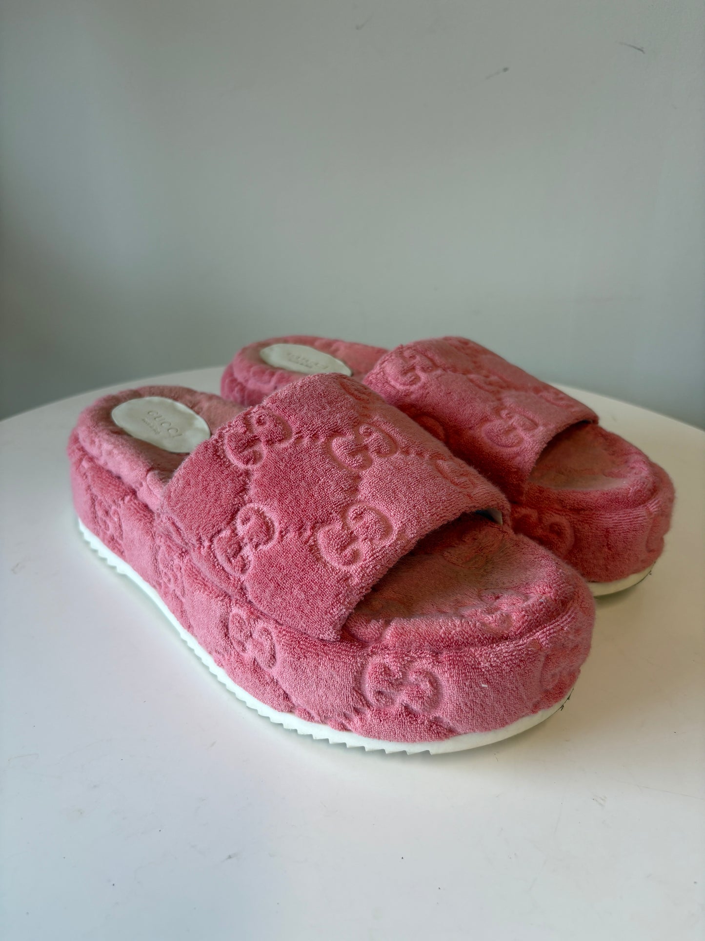 Gucci Angeline GG Terry Pink Platform Sliders