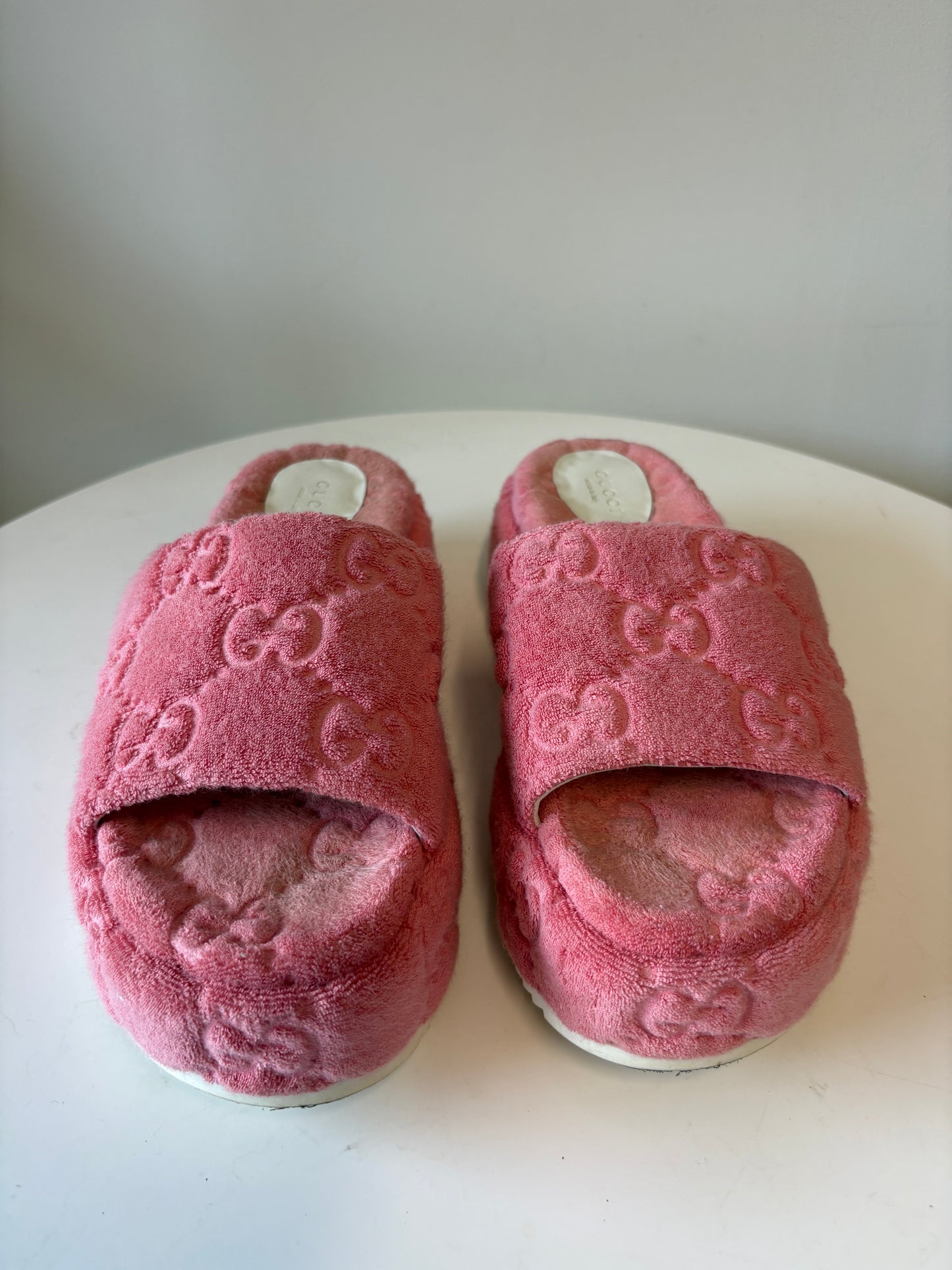 Gucci Angeline GG Terry Pink Platform Sliders