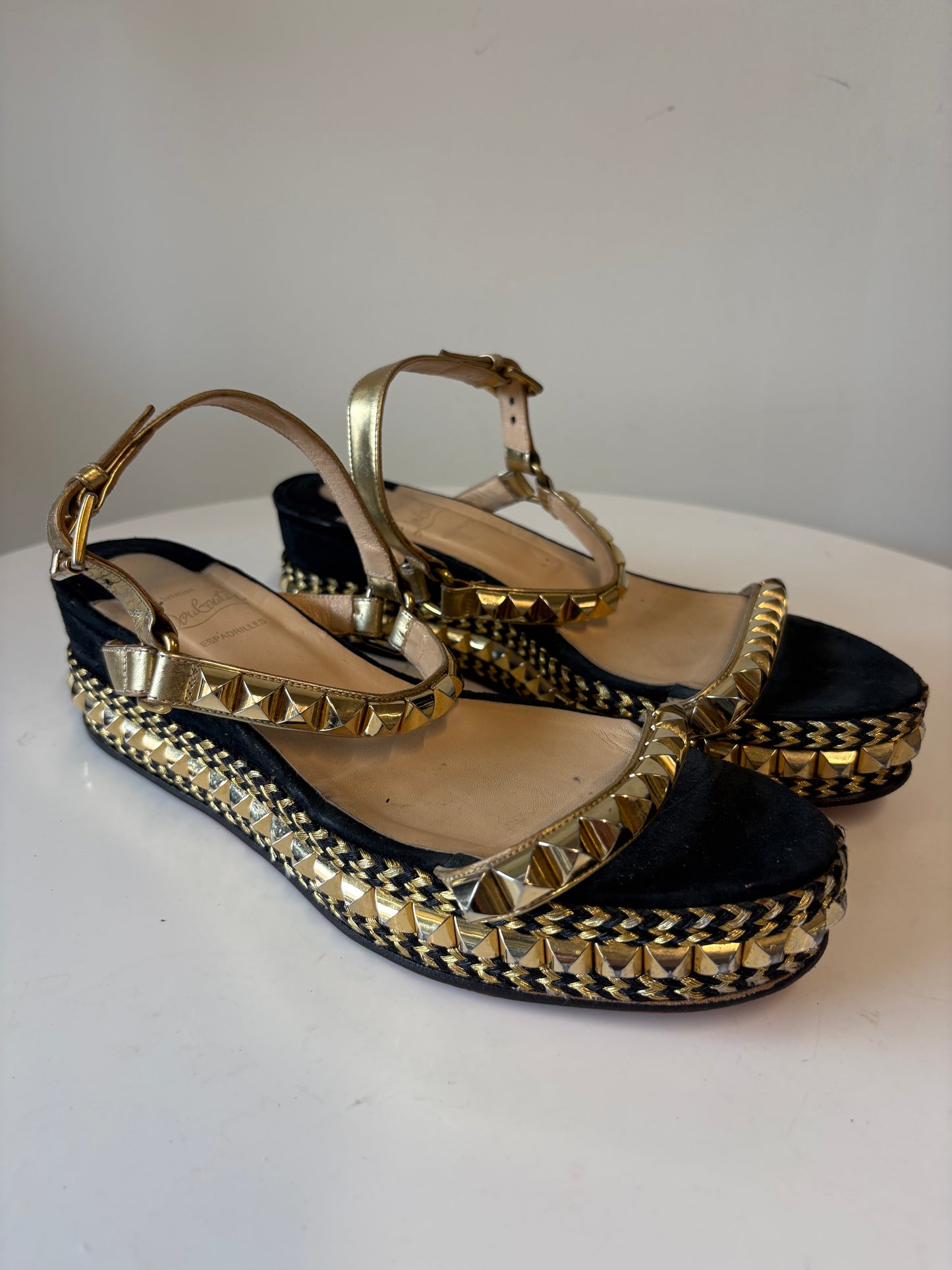 Christian Louboutin Black And Gold Studded Flatform Sandals