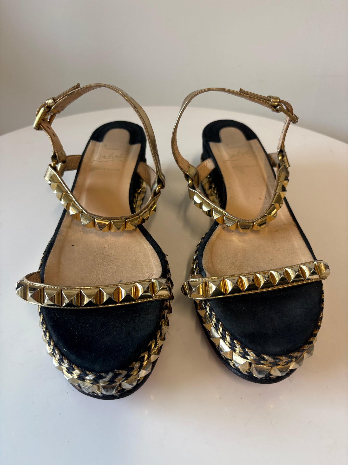 Christian Louboutin Black And Gold Studded Flatform Sandals