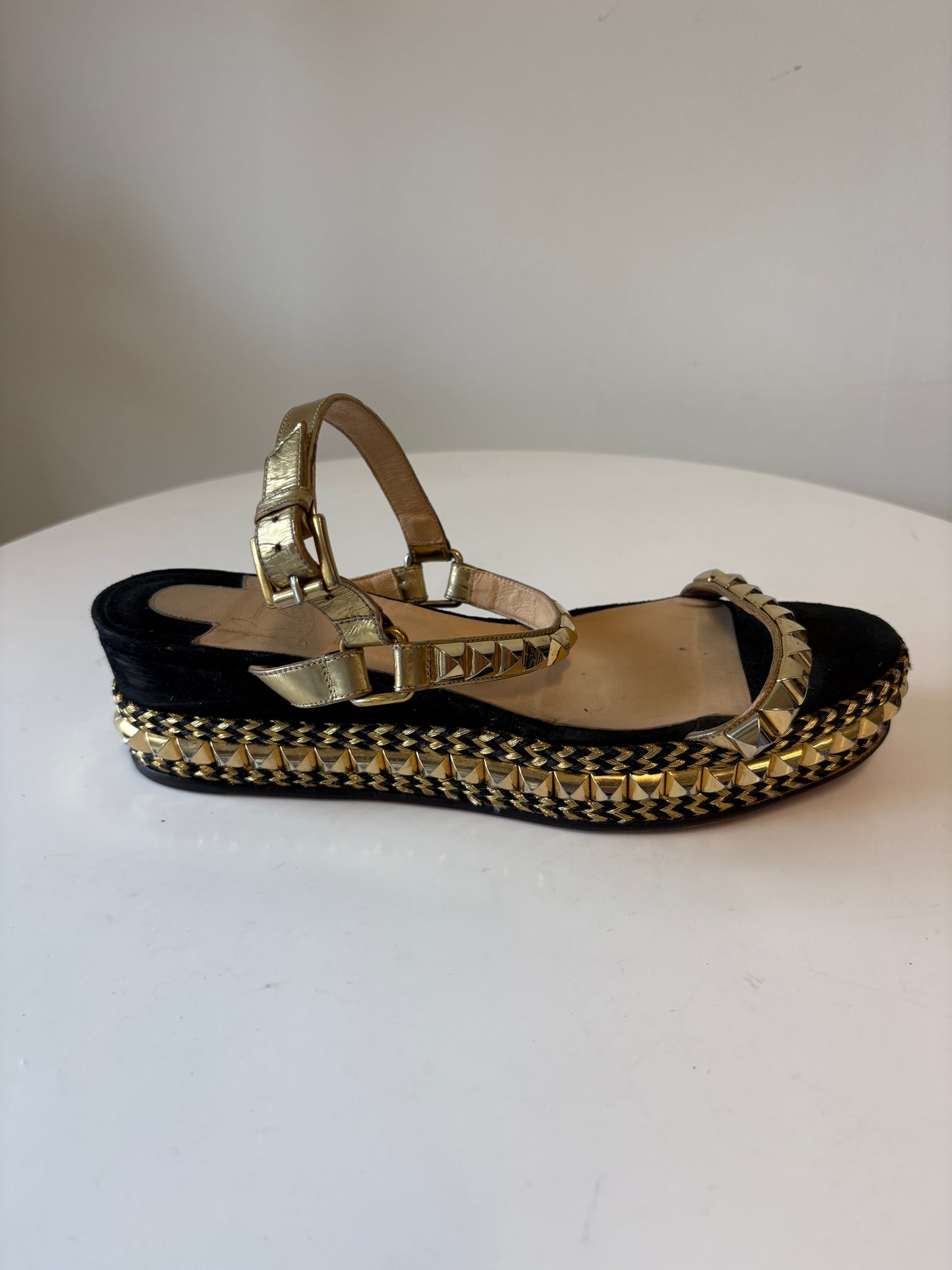 Christian Louboutin Black And Gold Studded Flatform Sandals