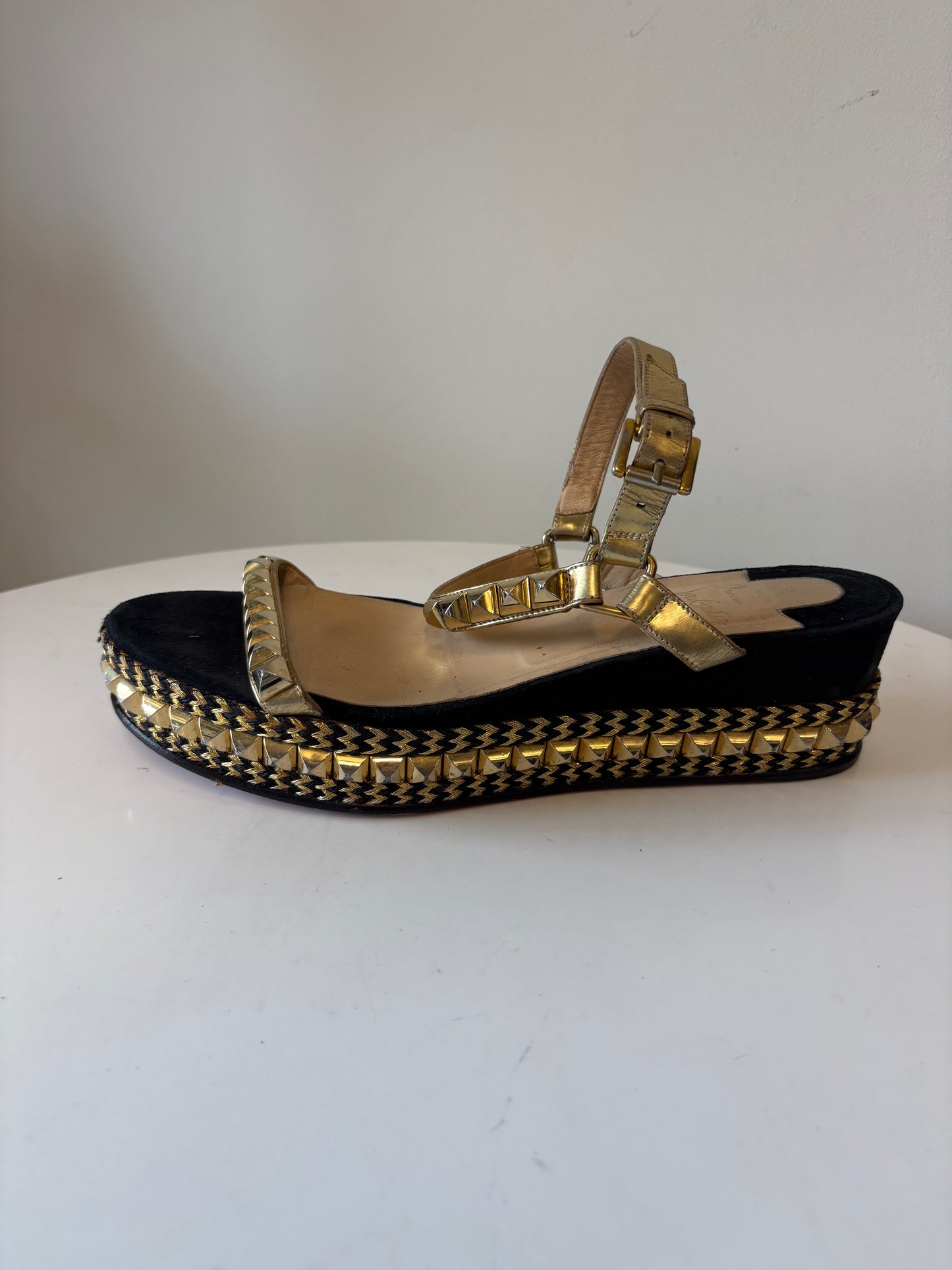 Christian Louboutin Black And Gold Studded Flatform Sandals