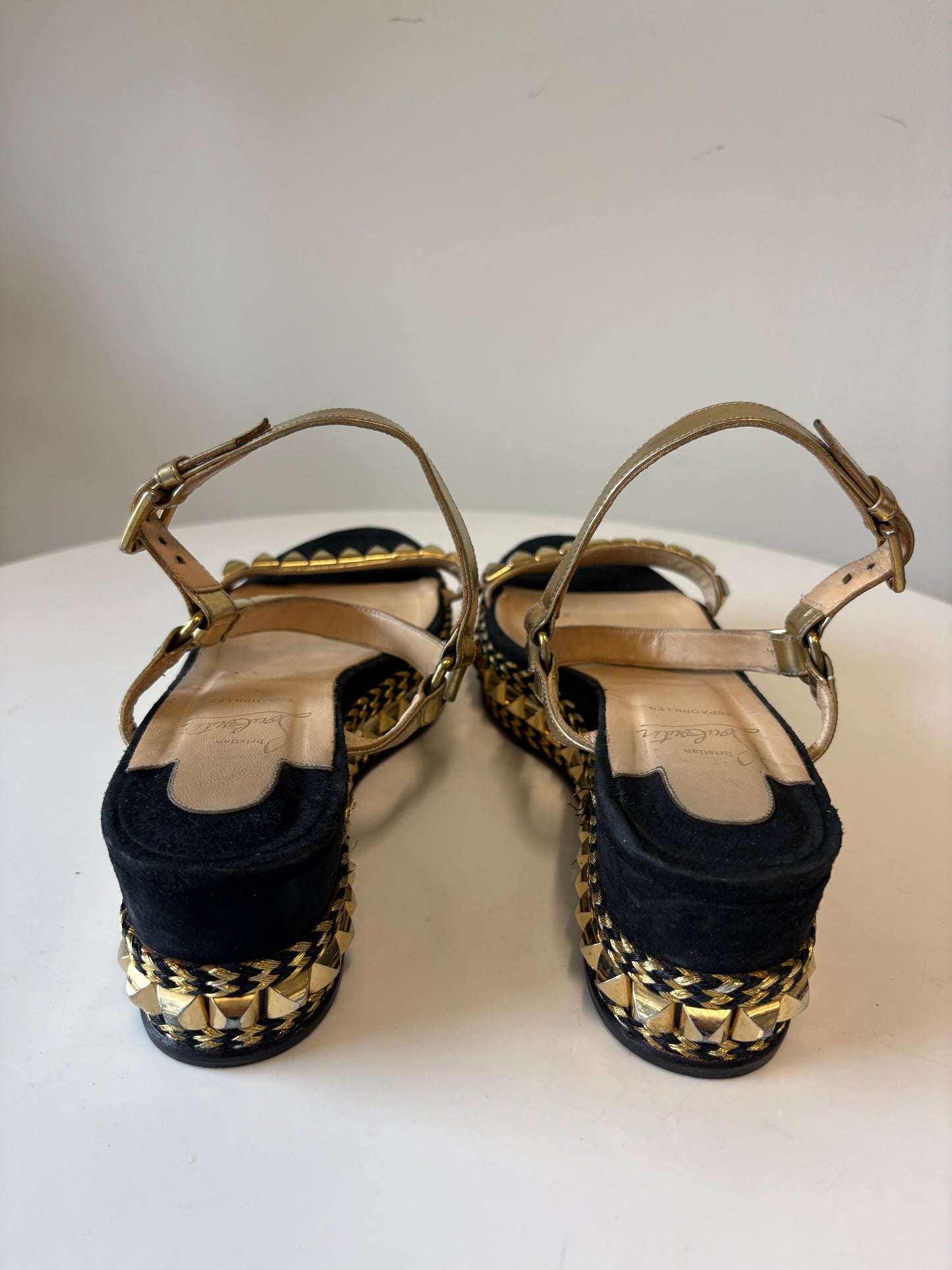 Christian Louboutin Black And Gold Studded Flatform Sandals