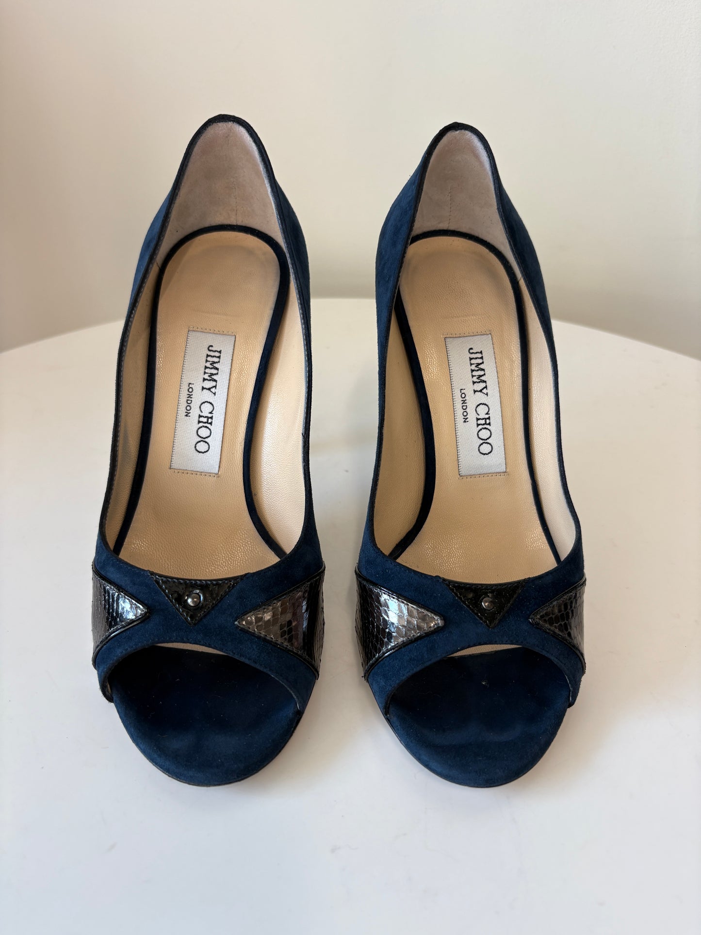 Jimmy Choo 072 Rocky Watersnake Blue Peeptoe Heels