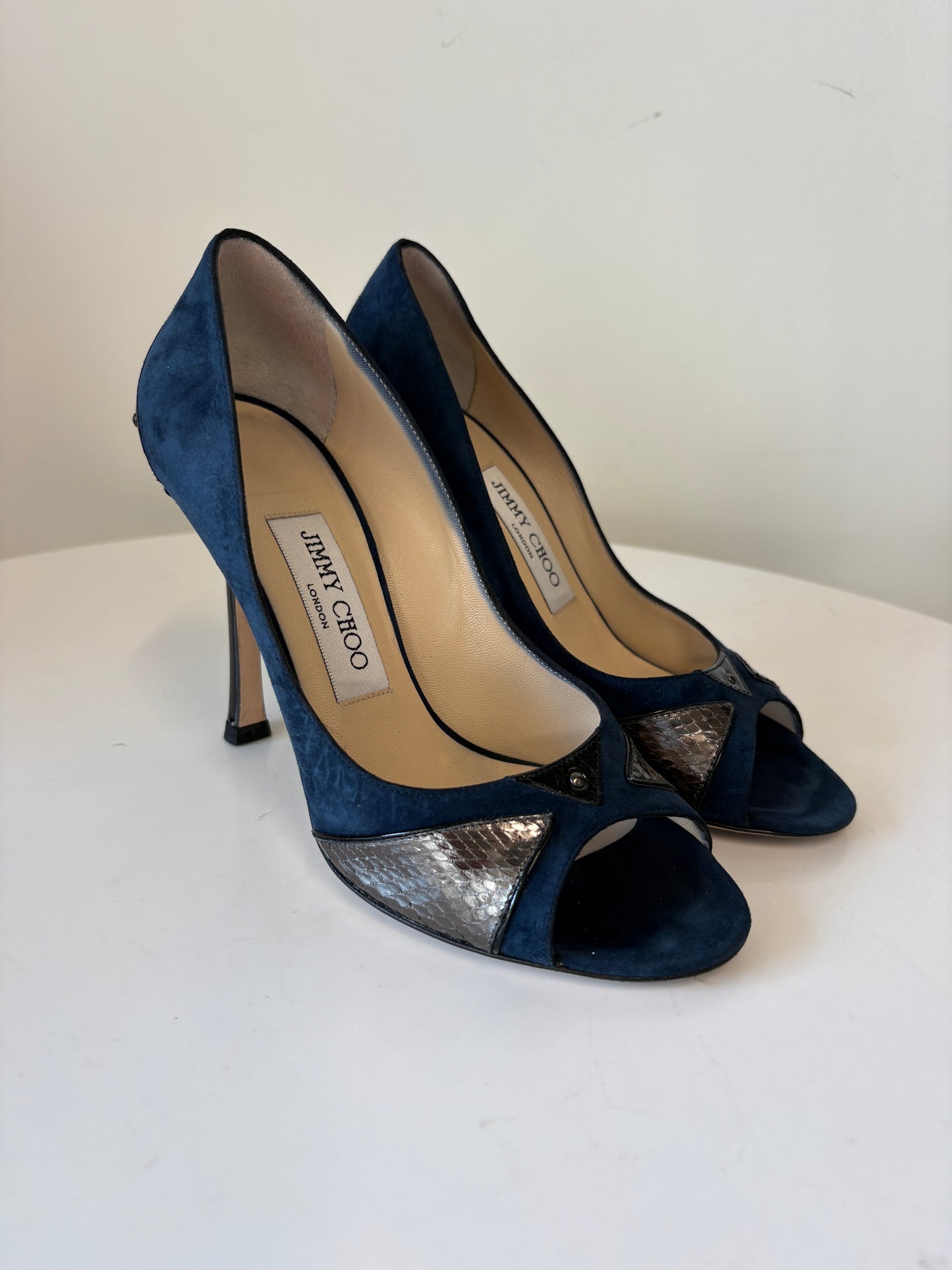 Jimmy Choo 072 Rocky Watersnake Blue Peeptoe Heels