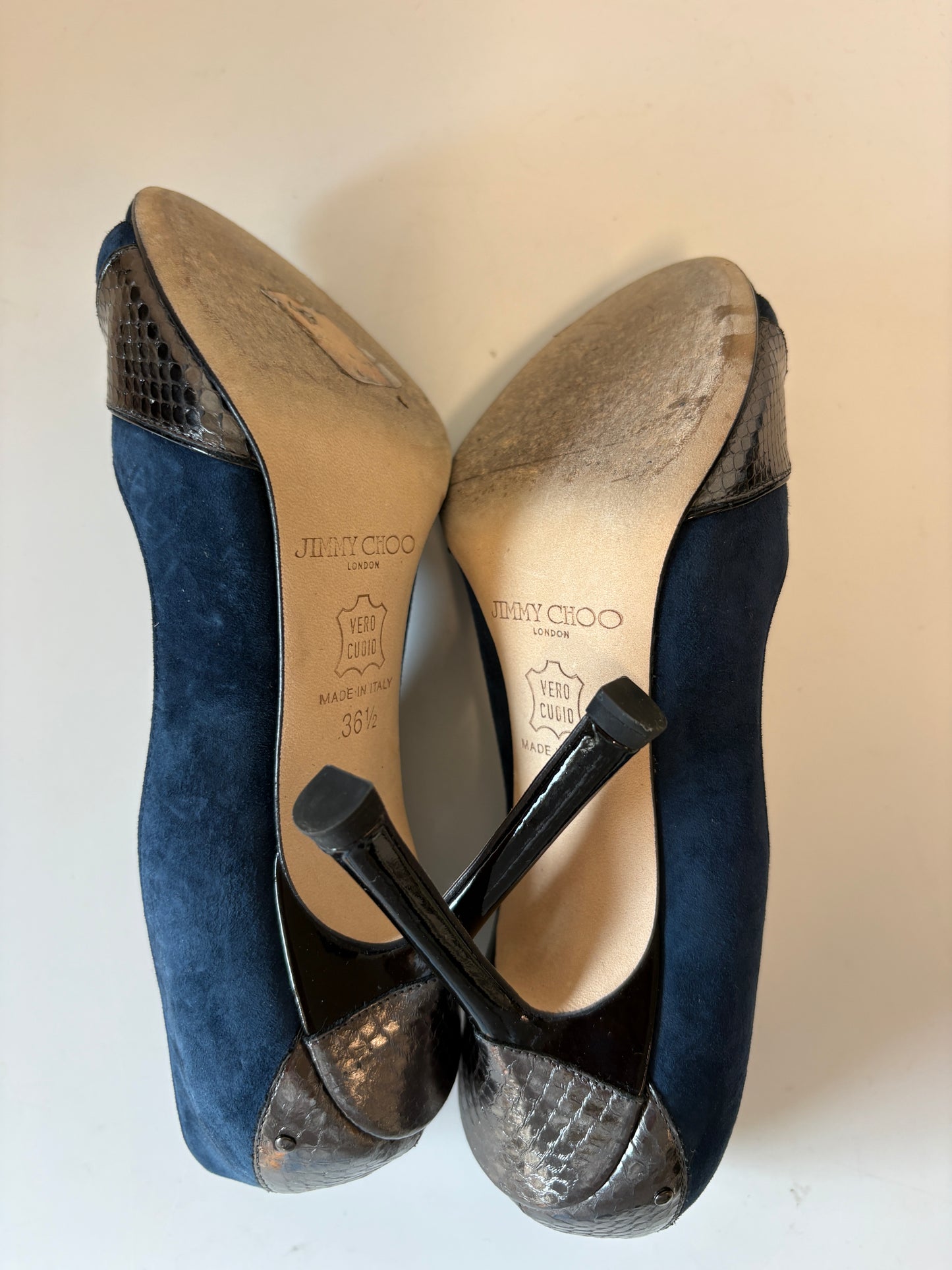 Jimmy Choo 072 Rocky Watersnake Blue Peeptoe Heels