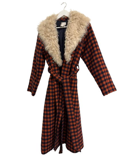 Sea New York Orange/Navy Check Coat With Shearling Collar (pre-owned)