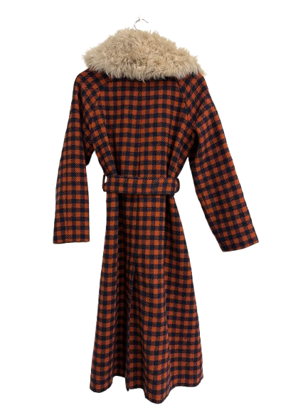 Sea New York Orange/Navy Check Coat With Shearling Collar (pre-owned)