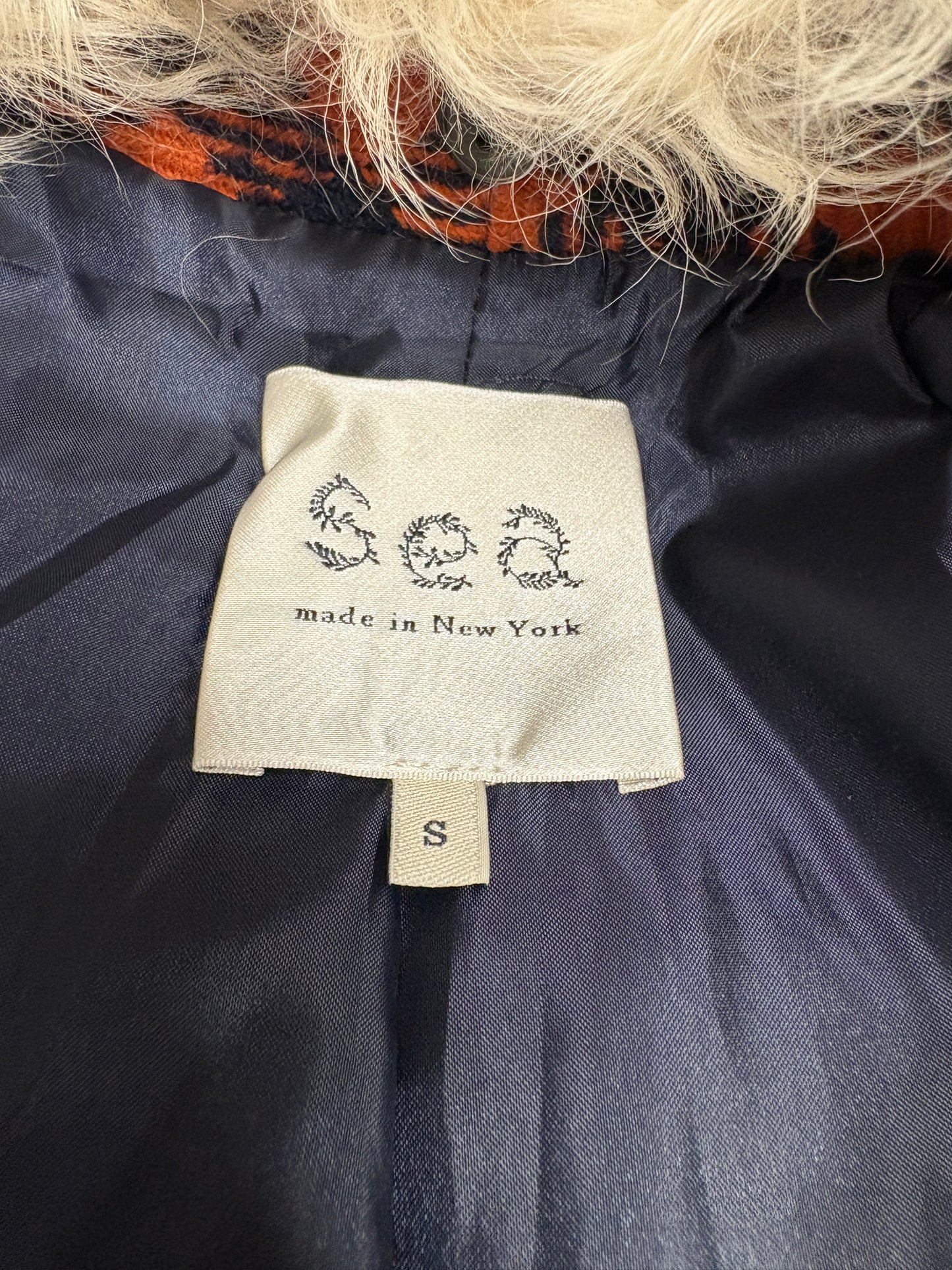 Sea New York Orange/Navy Check Coat With Shearling Collar (pre-owned)