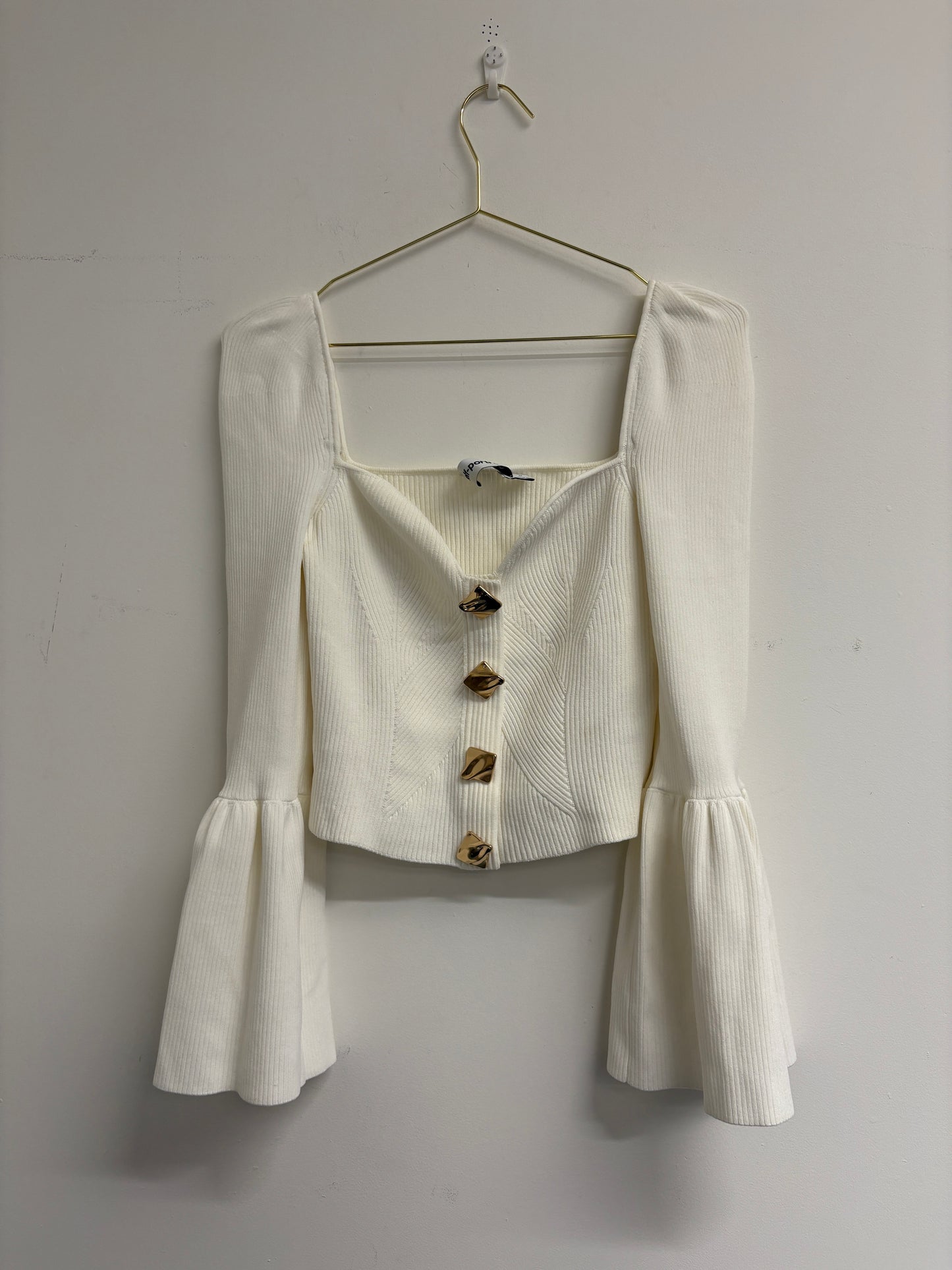 Self Portrait Cream Ribbed Crop Top With Gold Buttons