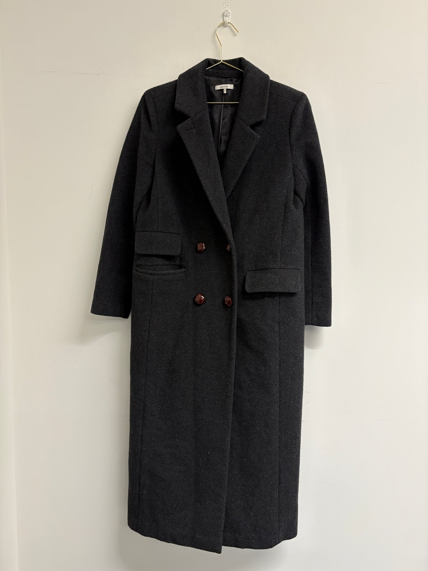 Ganni Charcoal Long Wool Double Breasted Coat