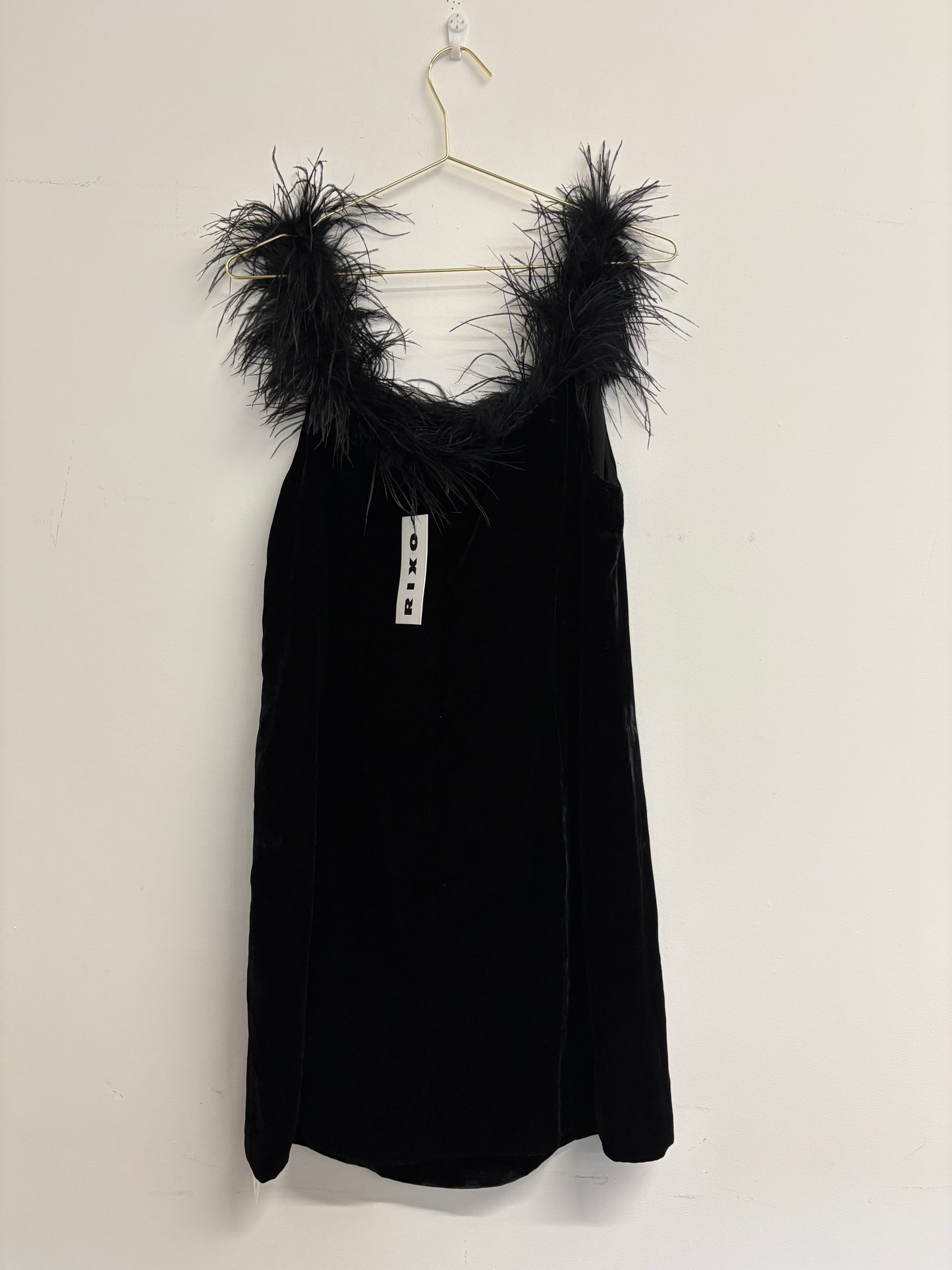 Rixo Lena Black Velvet Feather Trim Dress