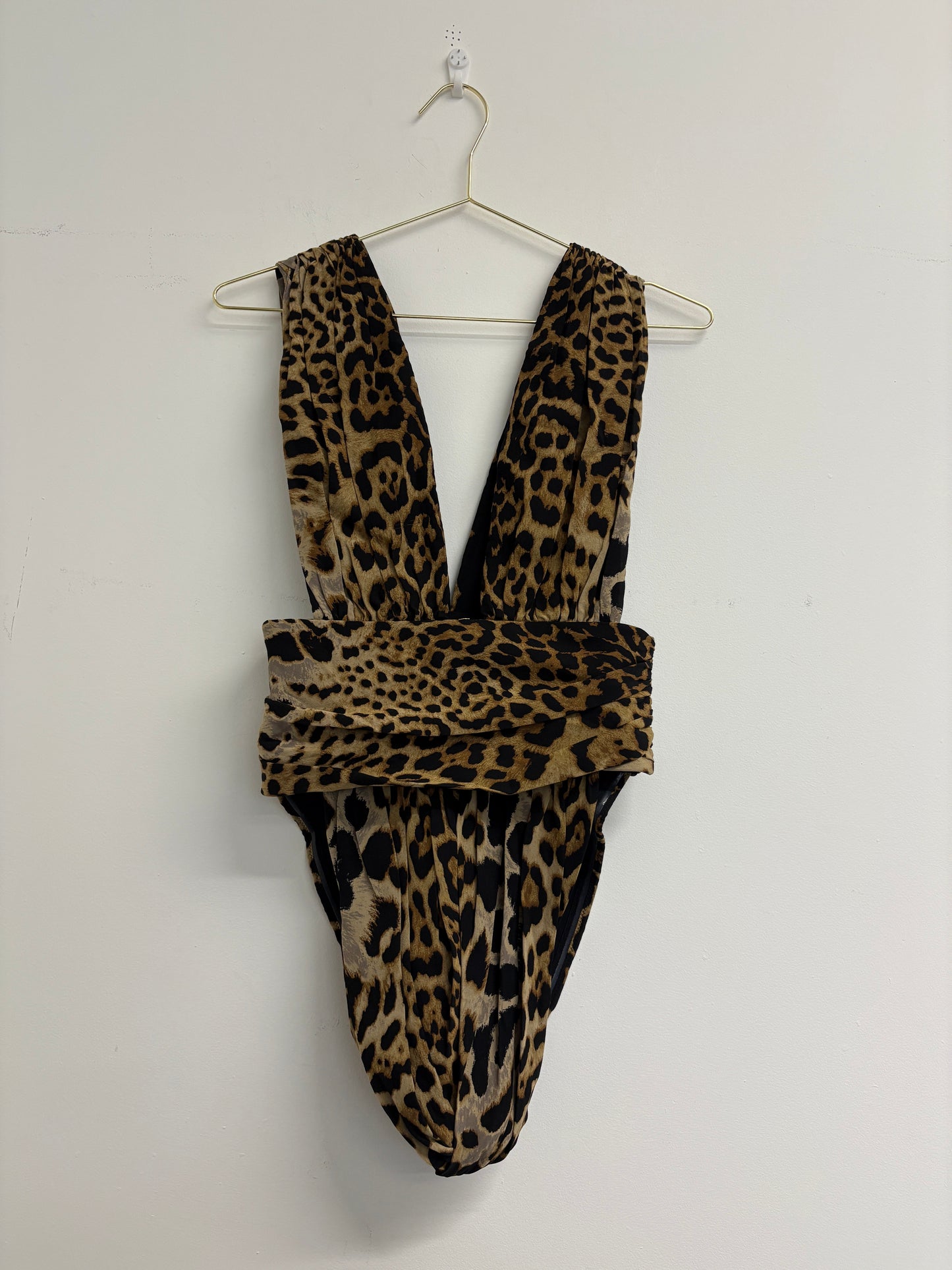 Saint Laurent Ruched Leopard Print Silk Bodysuit