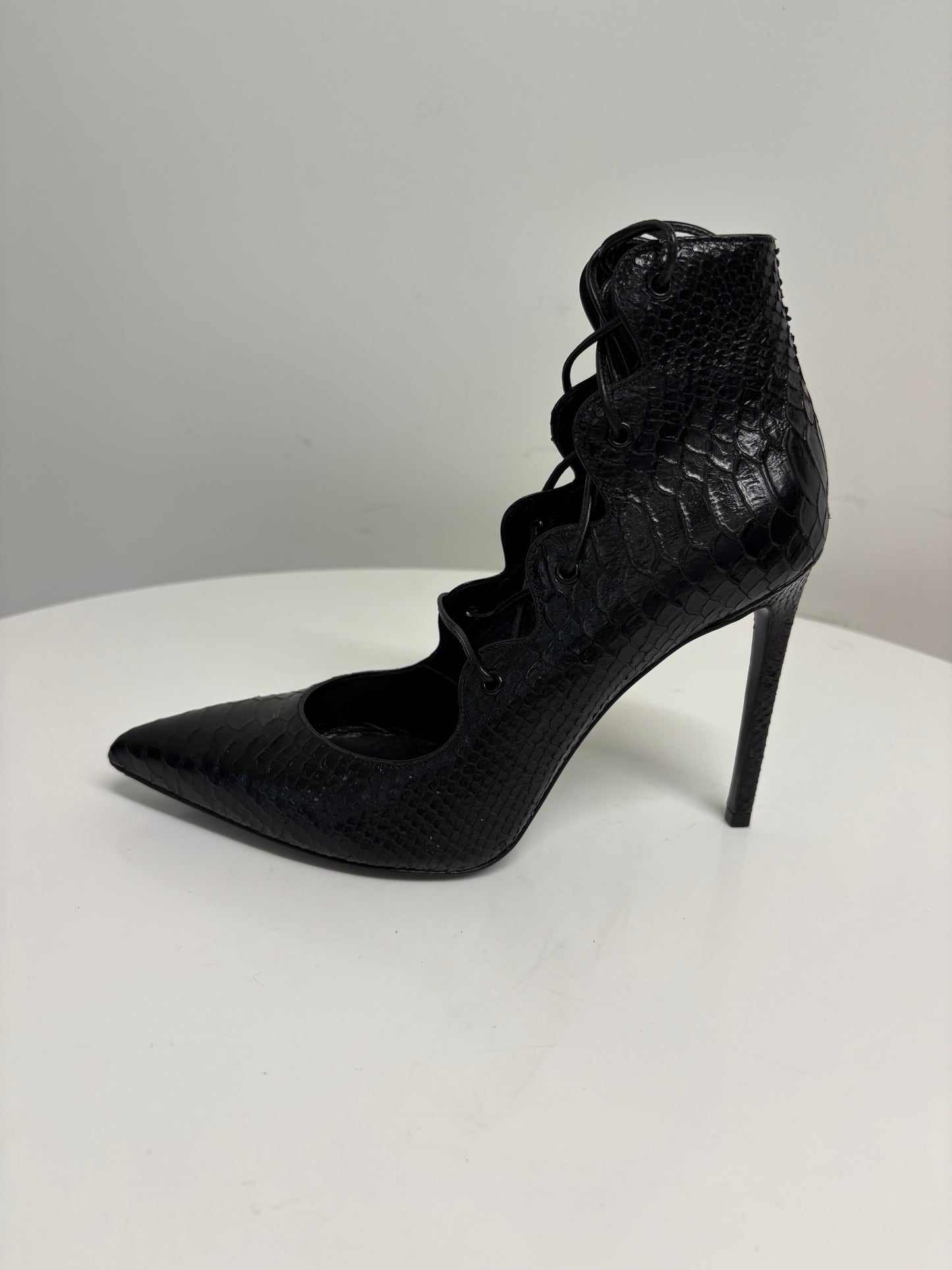 Saint Laurent Black Python Lace Up Heels