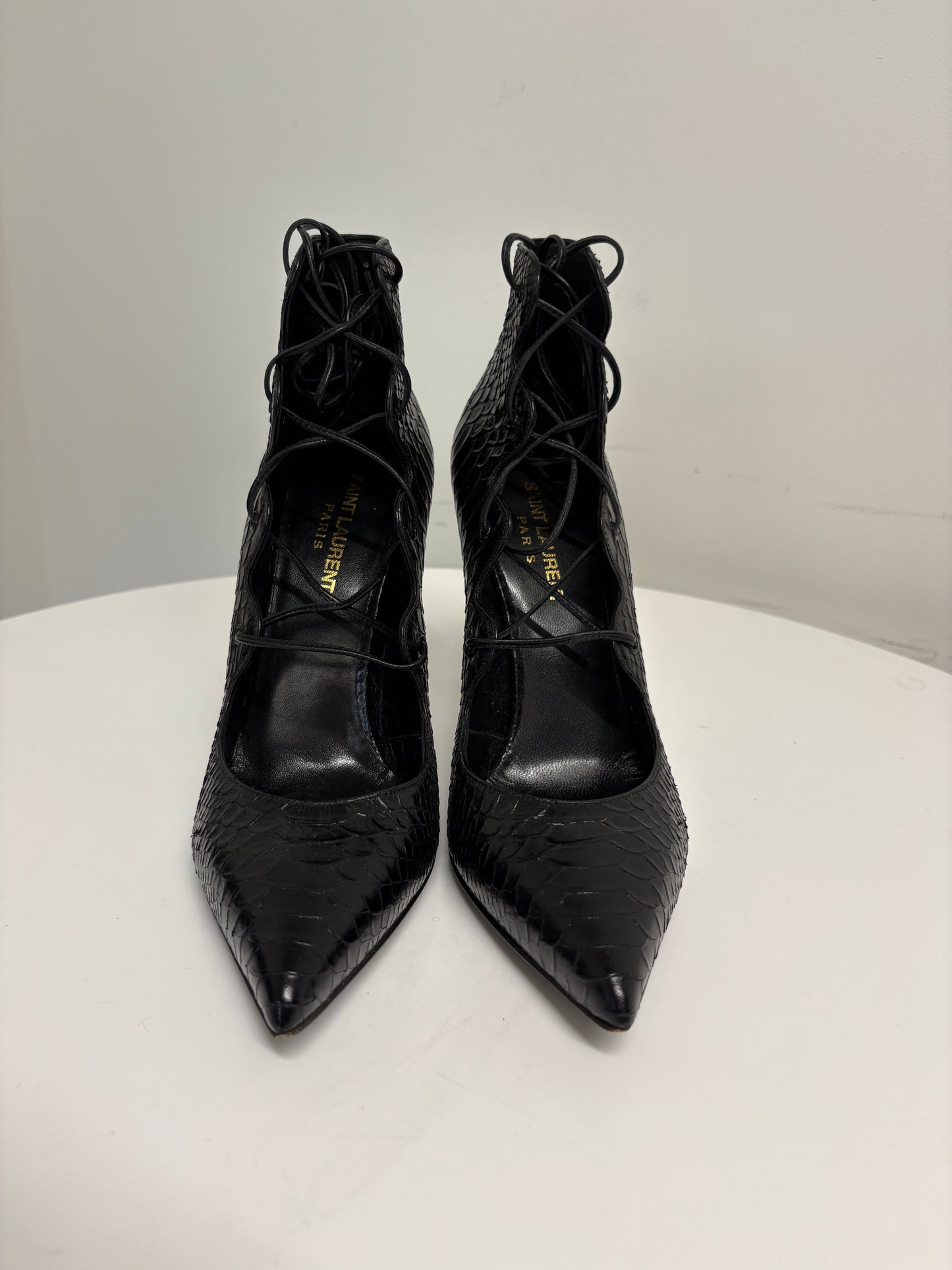 Saint Laurent Black Python Lace Up Heels