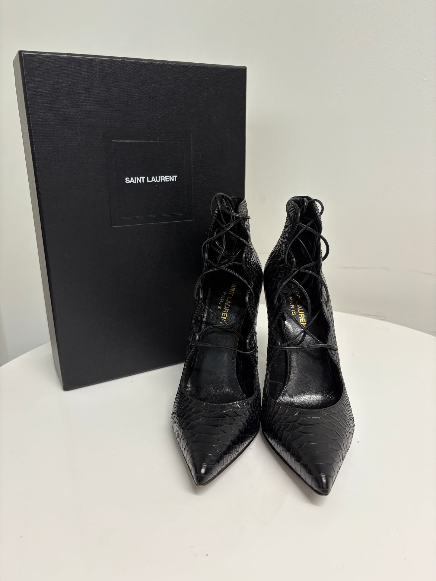 Saint Laurent Black Python Lace Up Heels