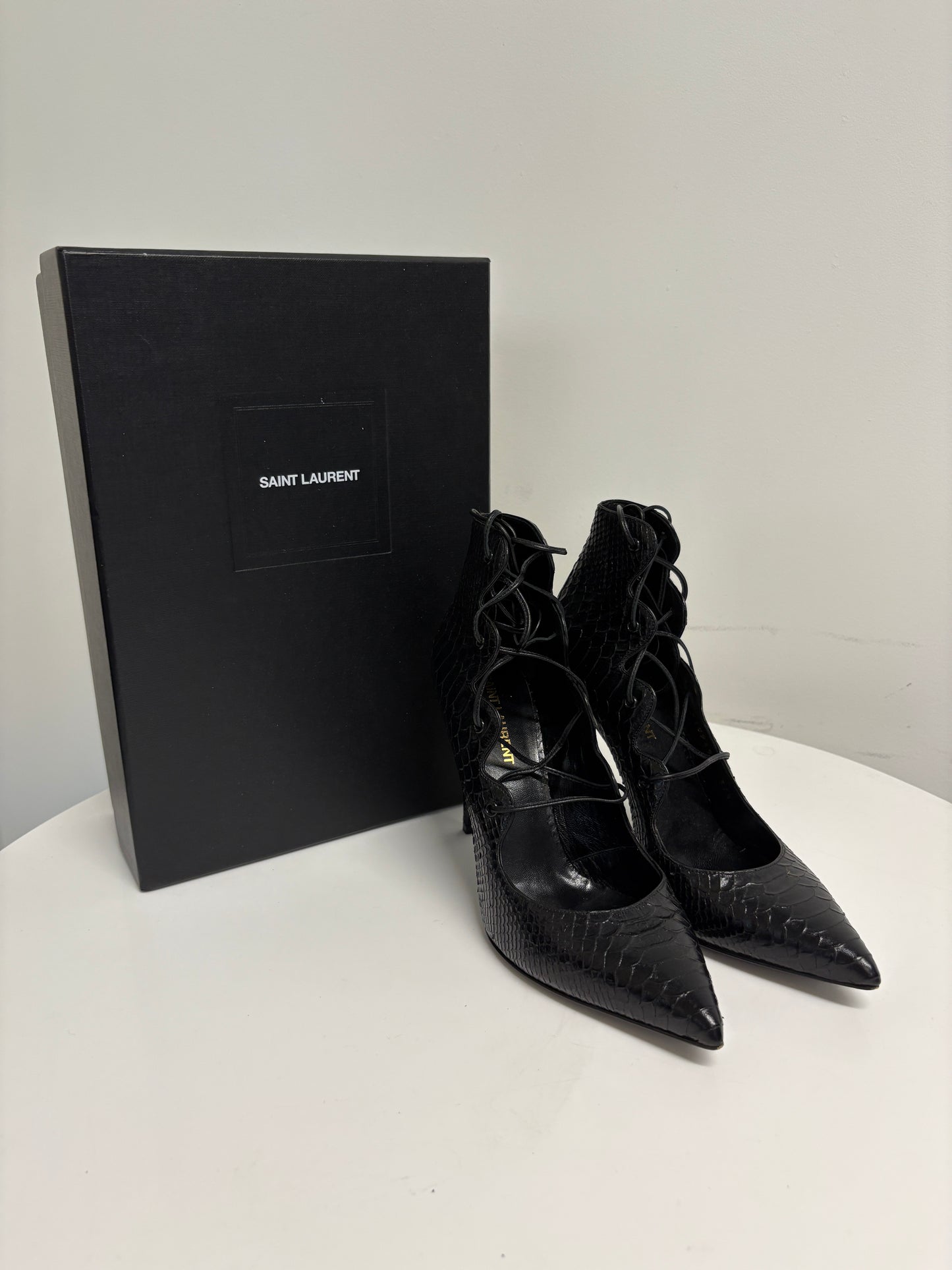 Saint Laurent Black Python Lace Up Heels