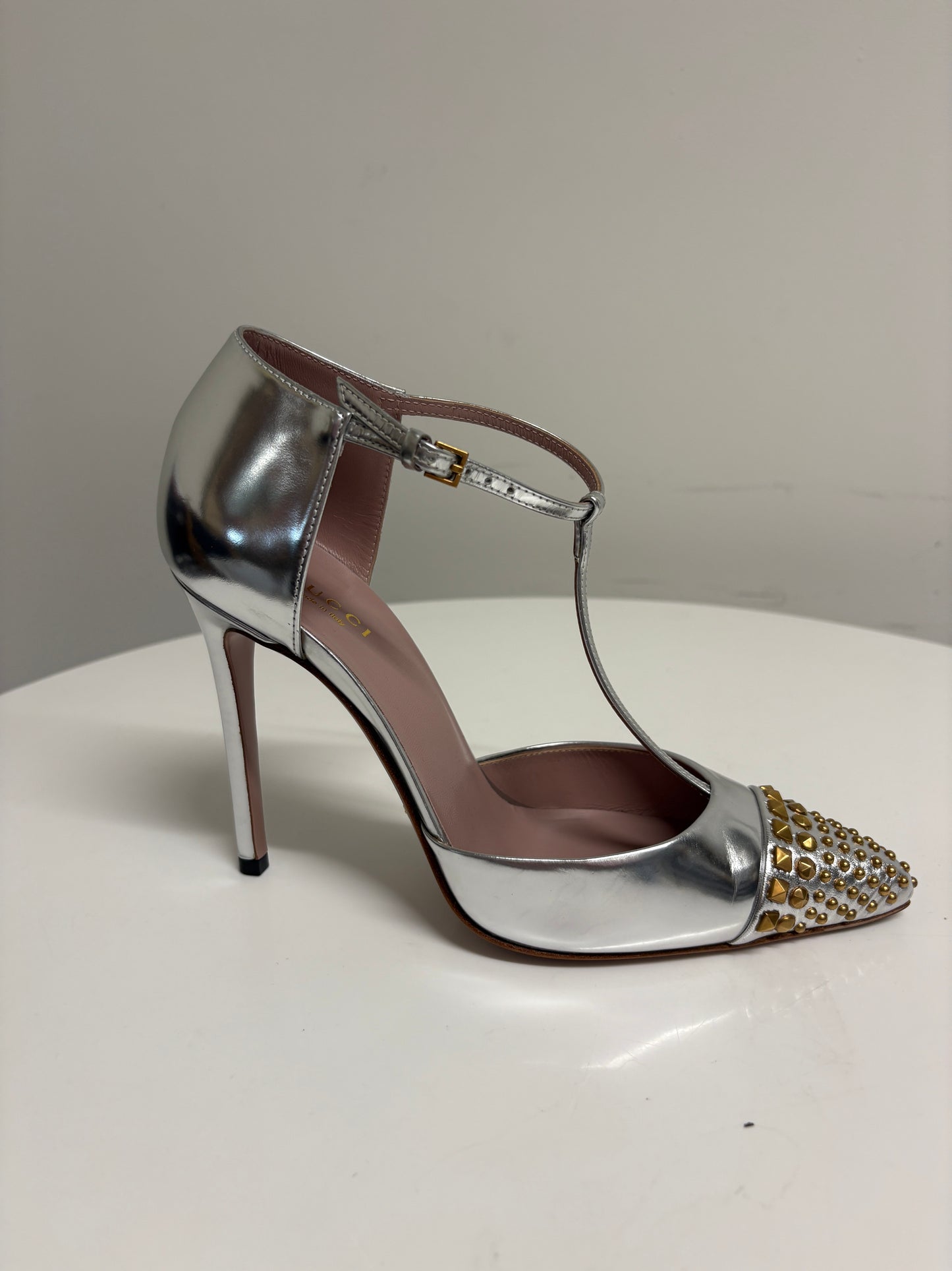 Gucci Metallic Silver Leather Studded T-Strap Pumps