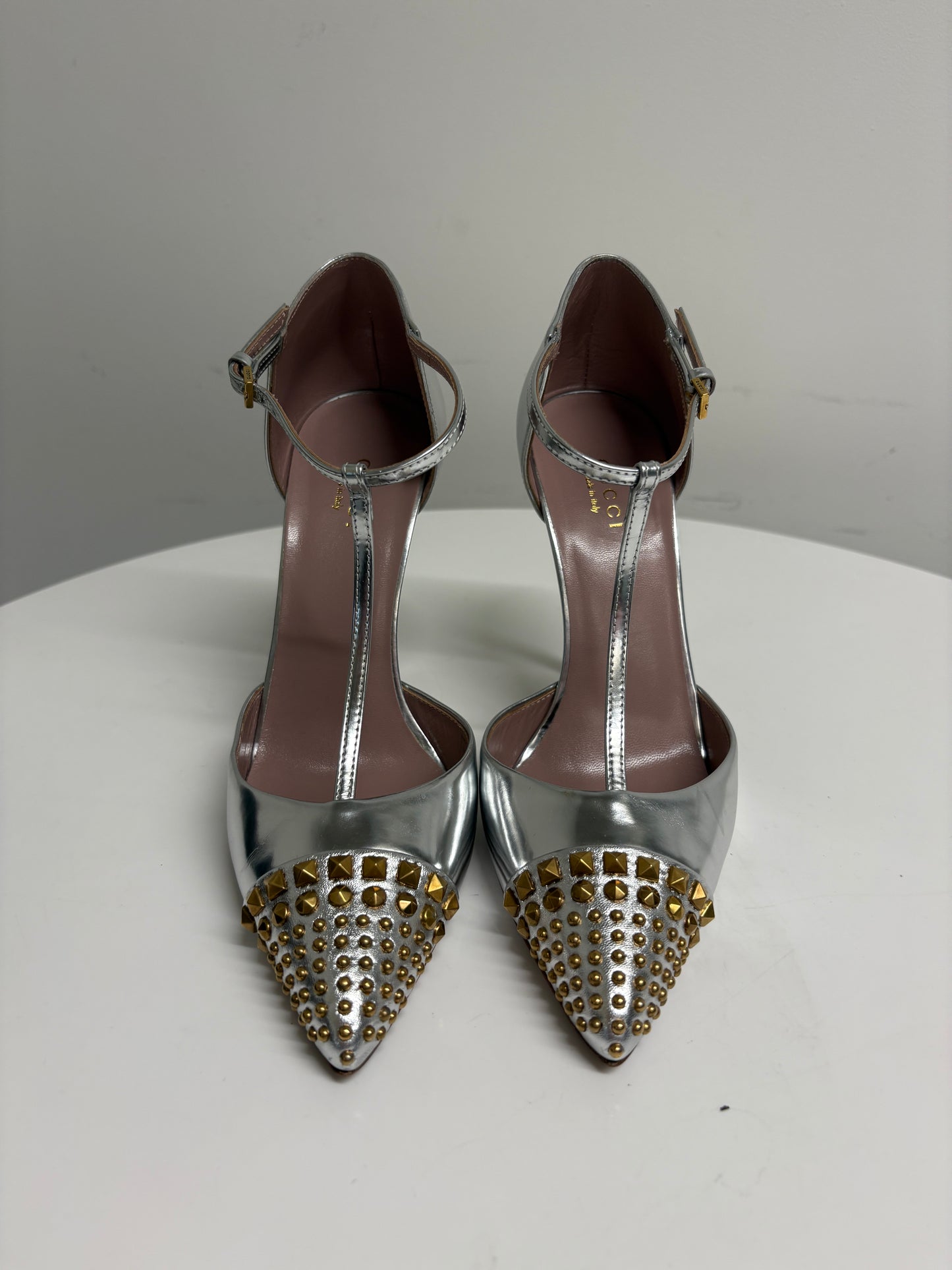 Gucci Metallic Silver Leather Studded T-Strap Pumps