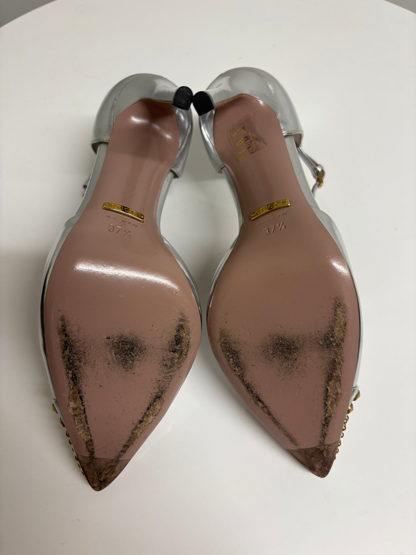 Gucci Metallic Silver Leather Studded T-Strap Pumps