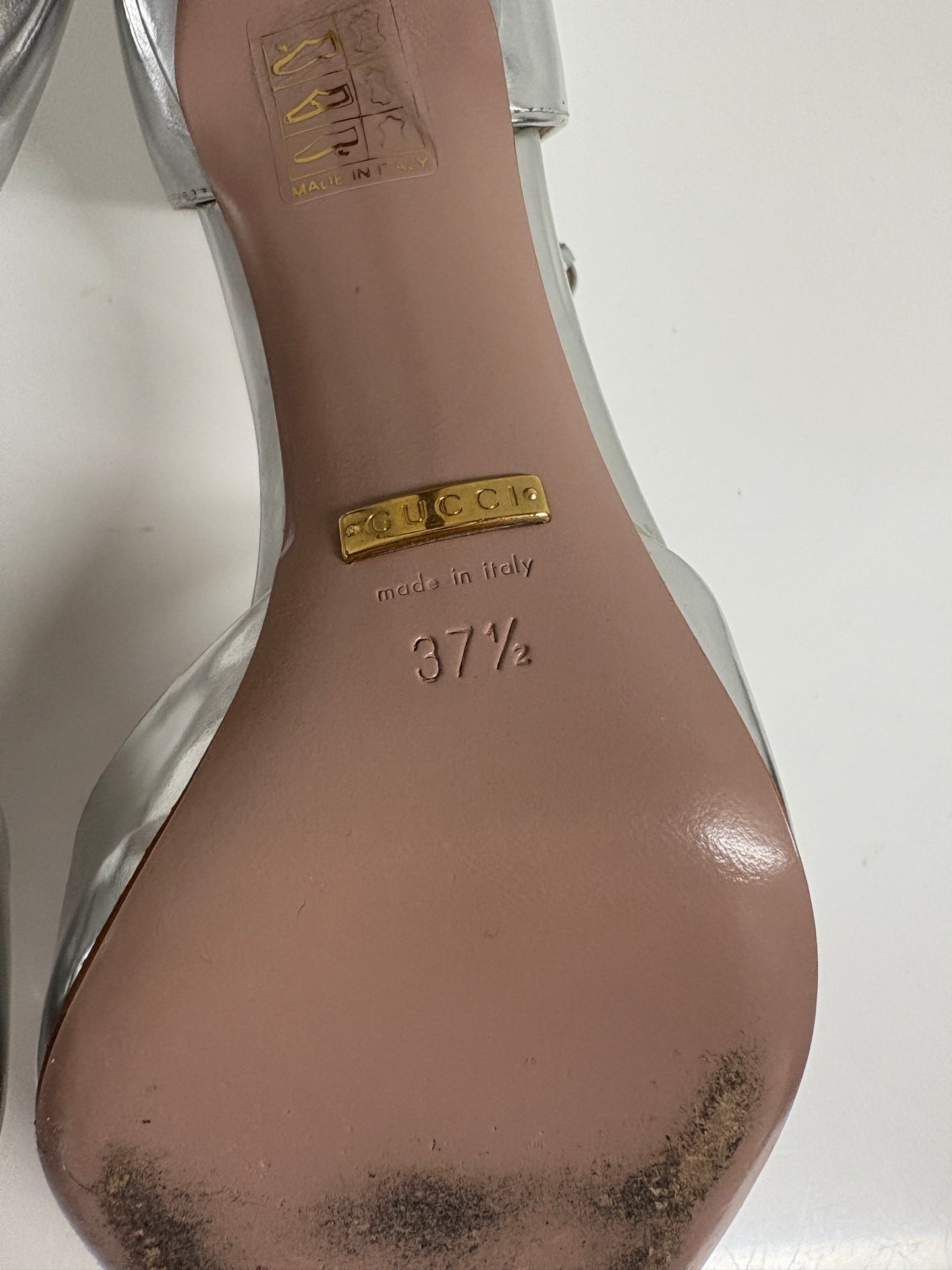 Gucci Metallic Silver Leather Studded T-Strap Pumps