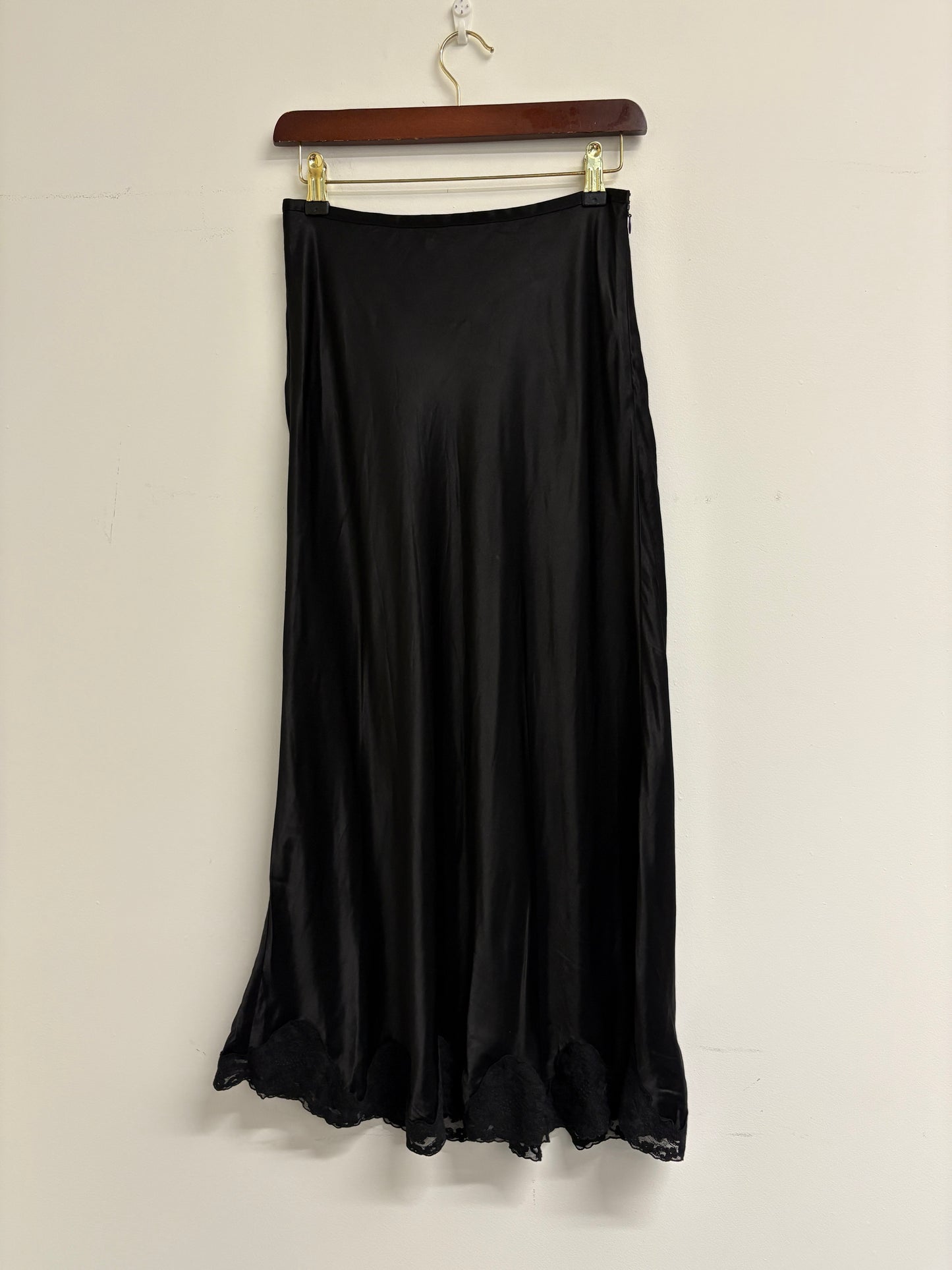 Rixo Black Stassie Satin Midi Skirt With Lace Trim